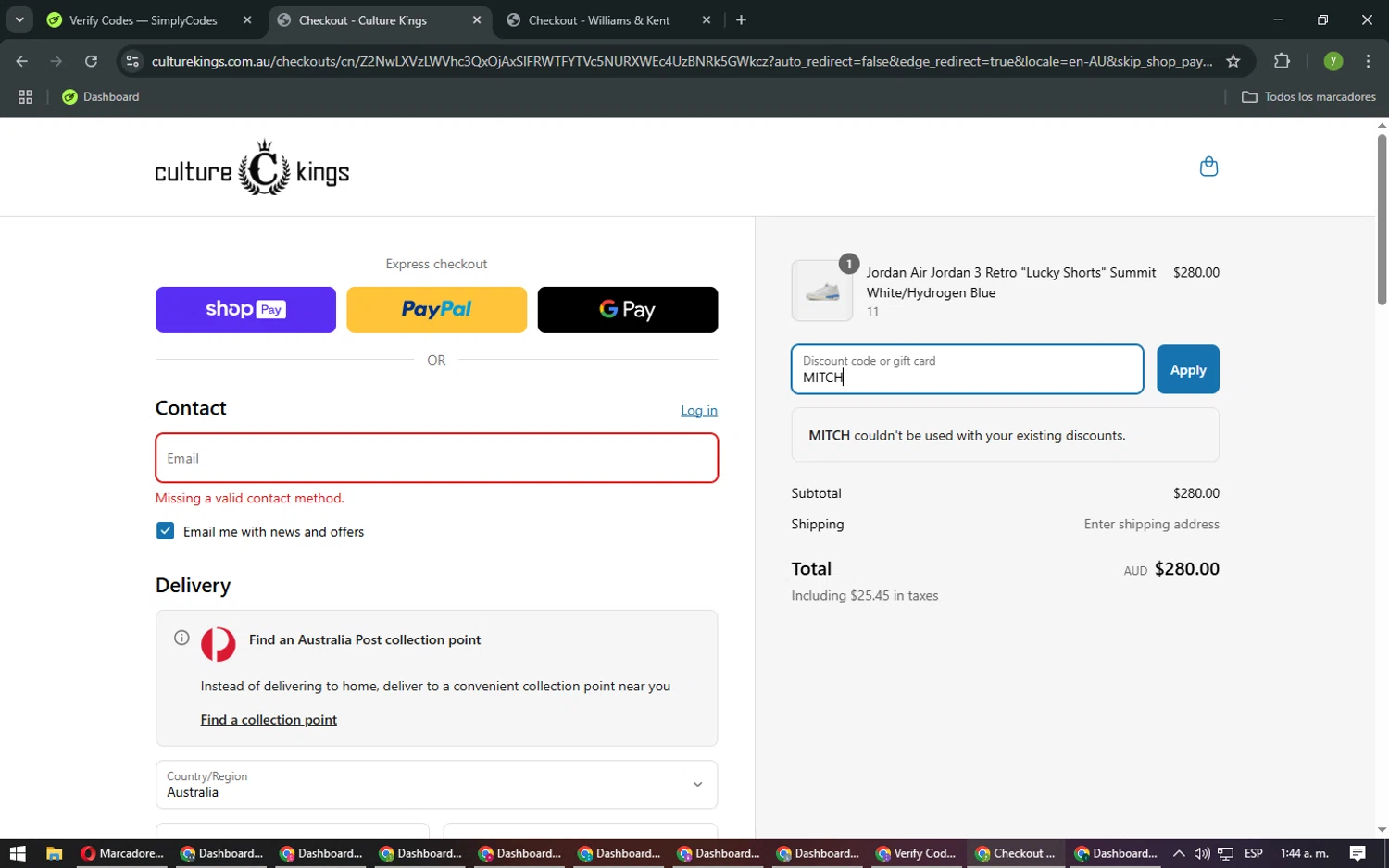 Culture Kings promo code screenshot showing code MITCH applied at Culture Kings checkout page. Uploaded by SimplyCodes community member NobleMaestro676 on Apr 1, 2025