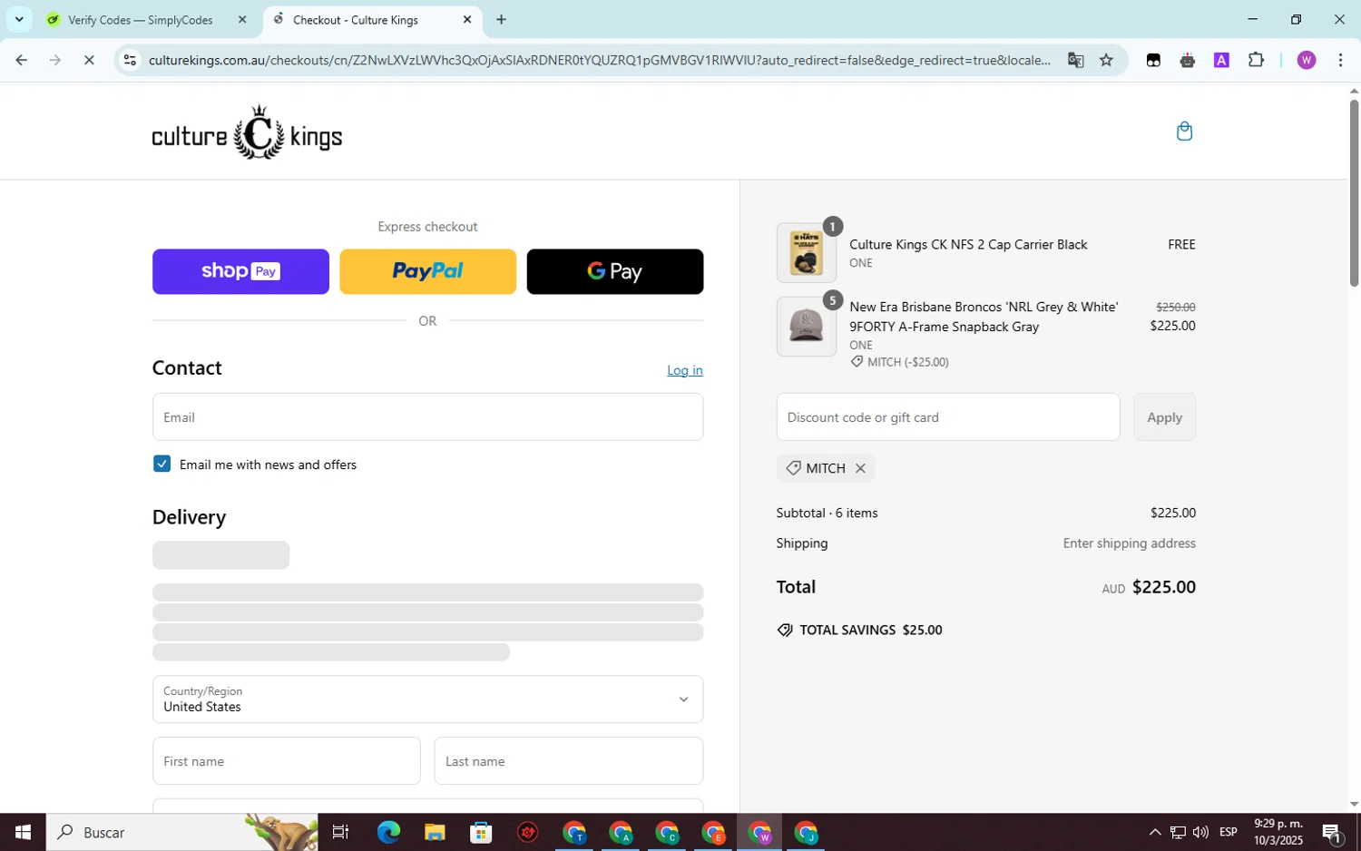 Culture Kings promo code screenshot showing code MITCH applied at Culture Kings checkout page. Uploaded by SimplyCodes community member SwiftScout6682 on Mar 11, 2025
