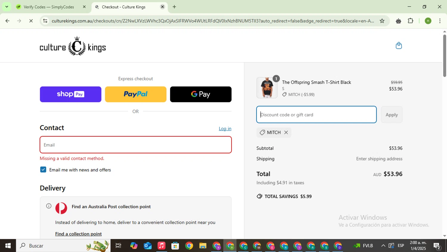 Culture Kings promo code screenshot showing code MITCH applied at Culture Kings checkout page. Uploaded by SimplyCodes community member SwiftSaver6197 on Apr 1, 2025