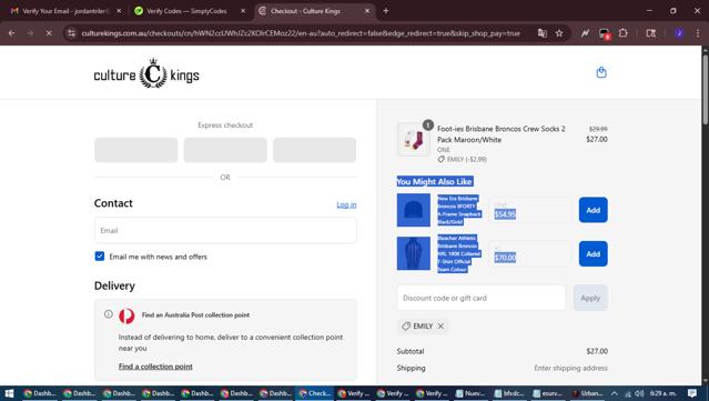 Culture Kings checkout page showing Culture Kings promo code box | Screenshot taken by SimplyCodes community member on Sep 5, 2025