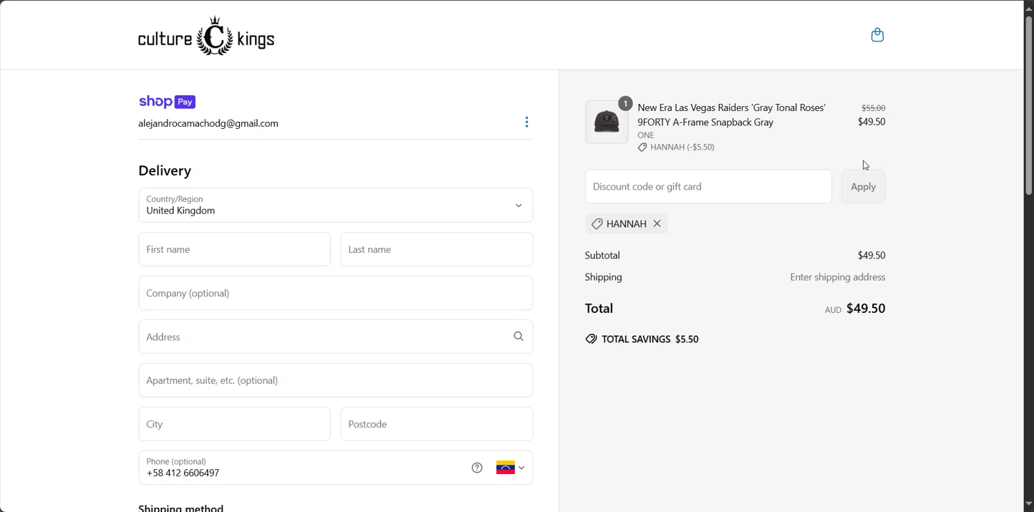 Culture Kings promo code screenshot showing code HANNAH applied at Culture Kings checkout page. Uploaded by SimplyCodes community member cesar26 on Apr 2, 2025
