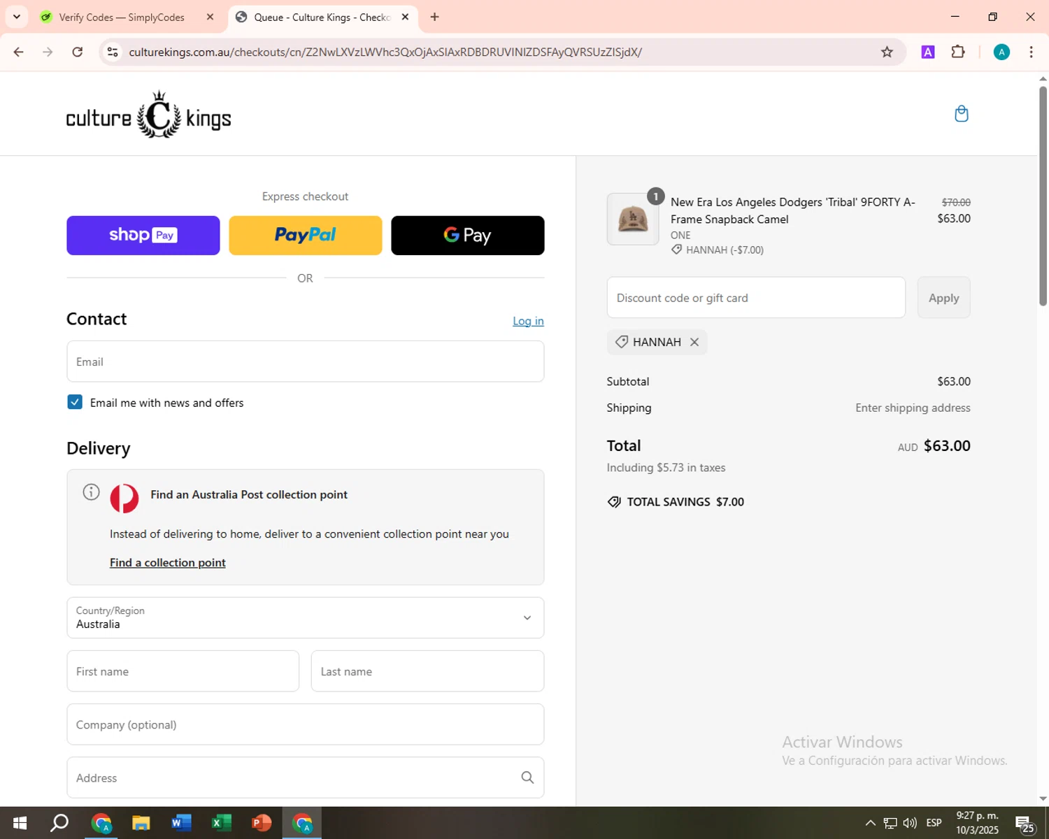 Culture Kings promo code screenshot showing code HANNAH applied at Culture Kings checkout page. Uploaded by SimplyCodes community member FortunateSentinel9389 on Mar 11, 2025