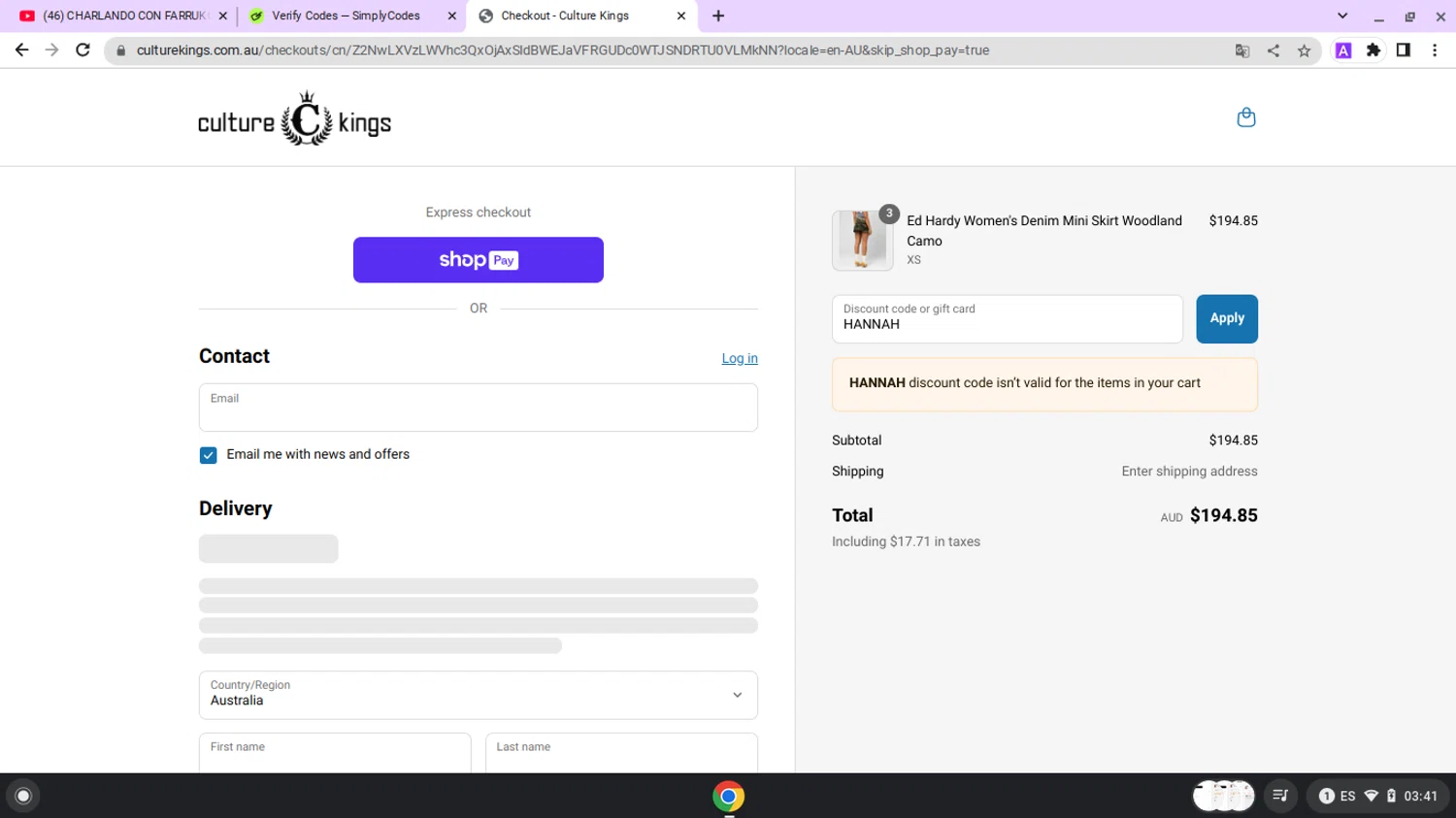 Culture Kings promo code screenshot showing code HANNAH applied at Culture Kings checkout page. Uploaded by SimplyCodes community member lapampita on May 28, 2025