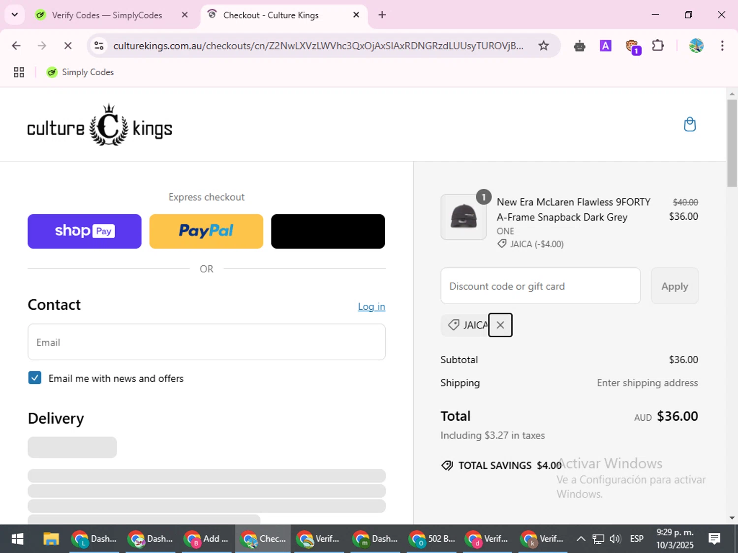 Culture Kings promo code screenshot showing code JAICA applied at Culture Kings checkout page. Uploaded by SimplyCodes community member ShrewdSpotter4101 on Mar 11, 2025
