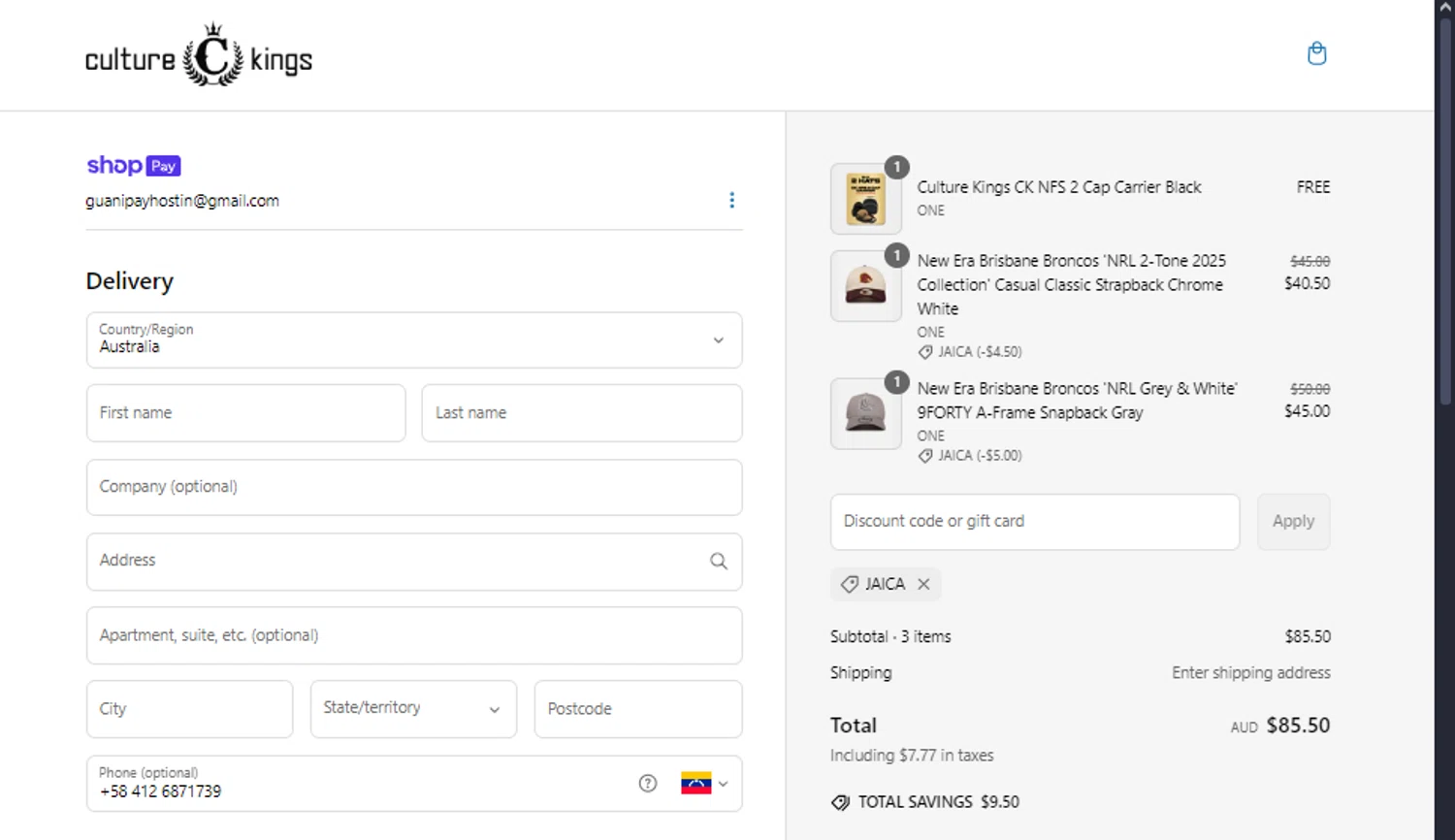 Culture Kings promo code screenshot showing code JAICA applied at Culture Kings checkout page. Uploaded by SimplyCodes community member lyffytaro on Mar 11, 2025
