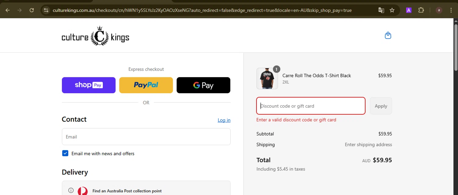 Culture Kings promo code screenshot showing code GSGQ324-Q789 applied at Culture Kings checkout page. Uploaded by SimplyCodes community member GoldCurator1773 on Aug 19, 2025