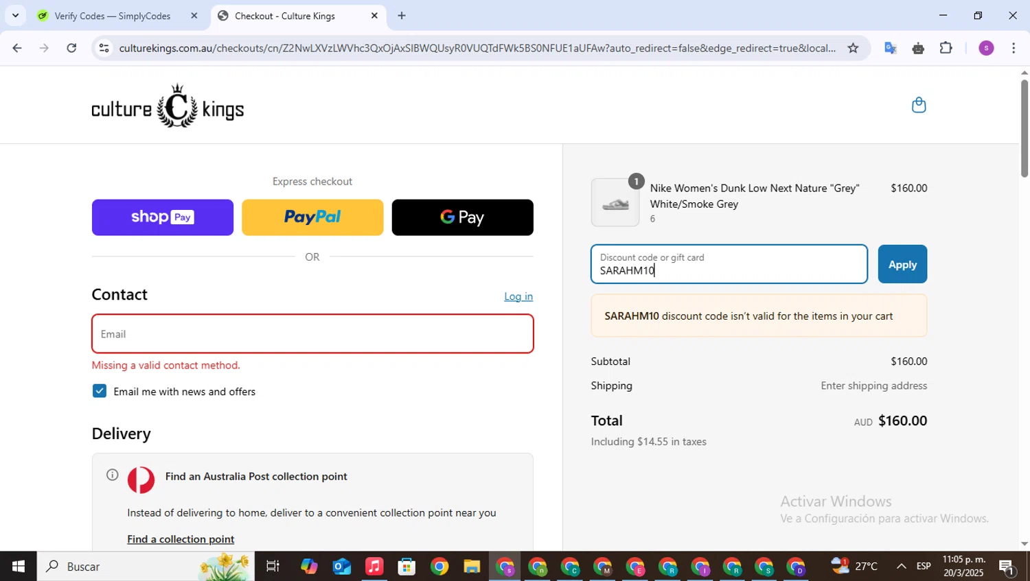 Culture Kings promo code screenshot showing code SARAHM10 applied at Culture Kings checkout page. Uploaded by SimplyCodes community member WonderPioneer5062 on Mar 21, 2025