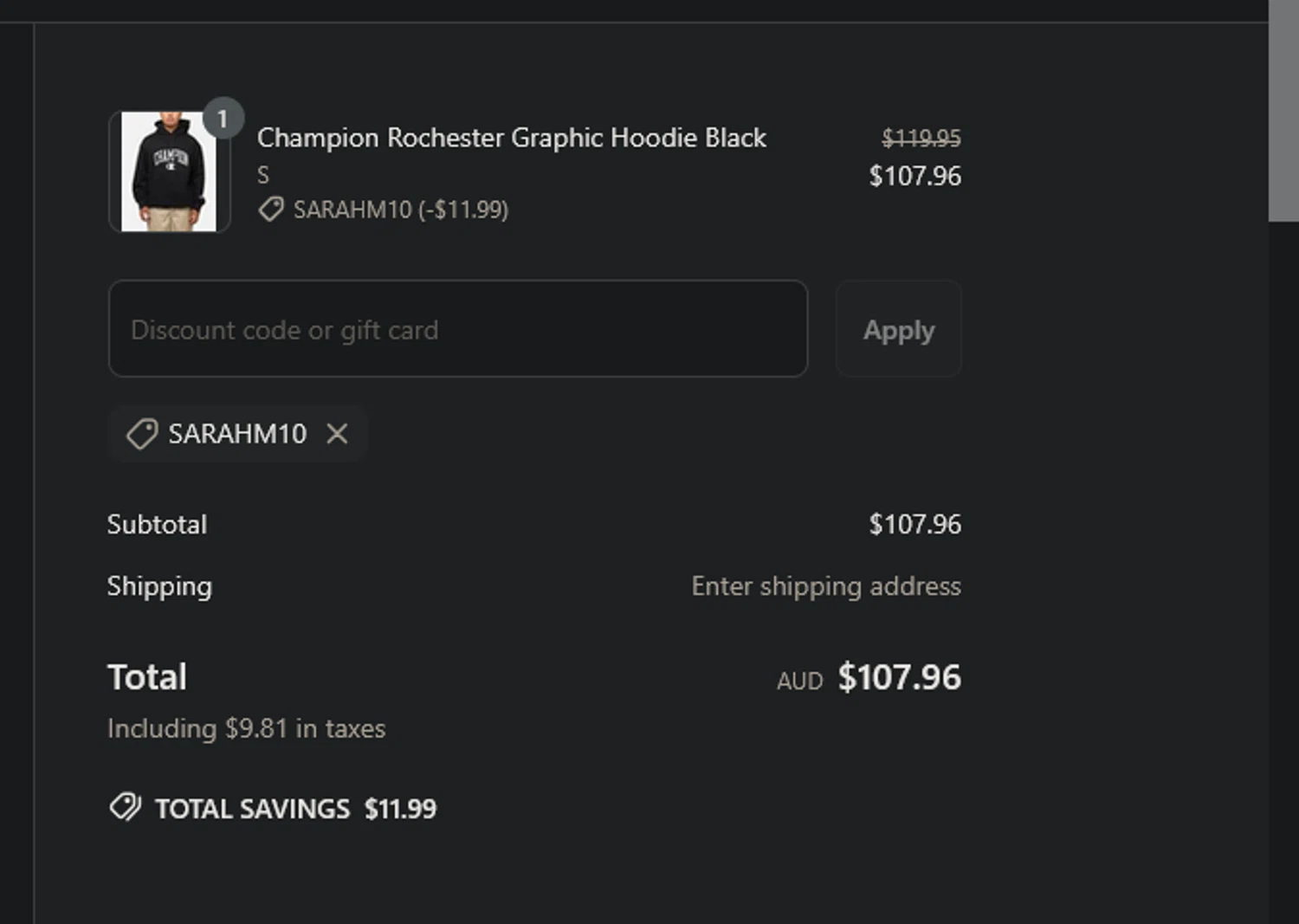 Culture Kings promo code screenshot showing code SARAHM10 applied at Culture Kings checkout page. Uploaded by SimplyCodes community member xocelot44x on Mar 25, 2025