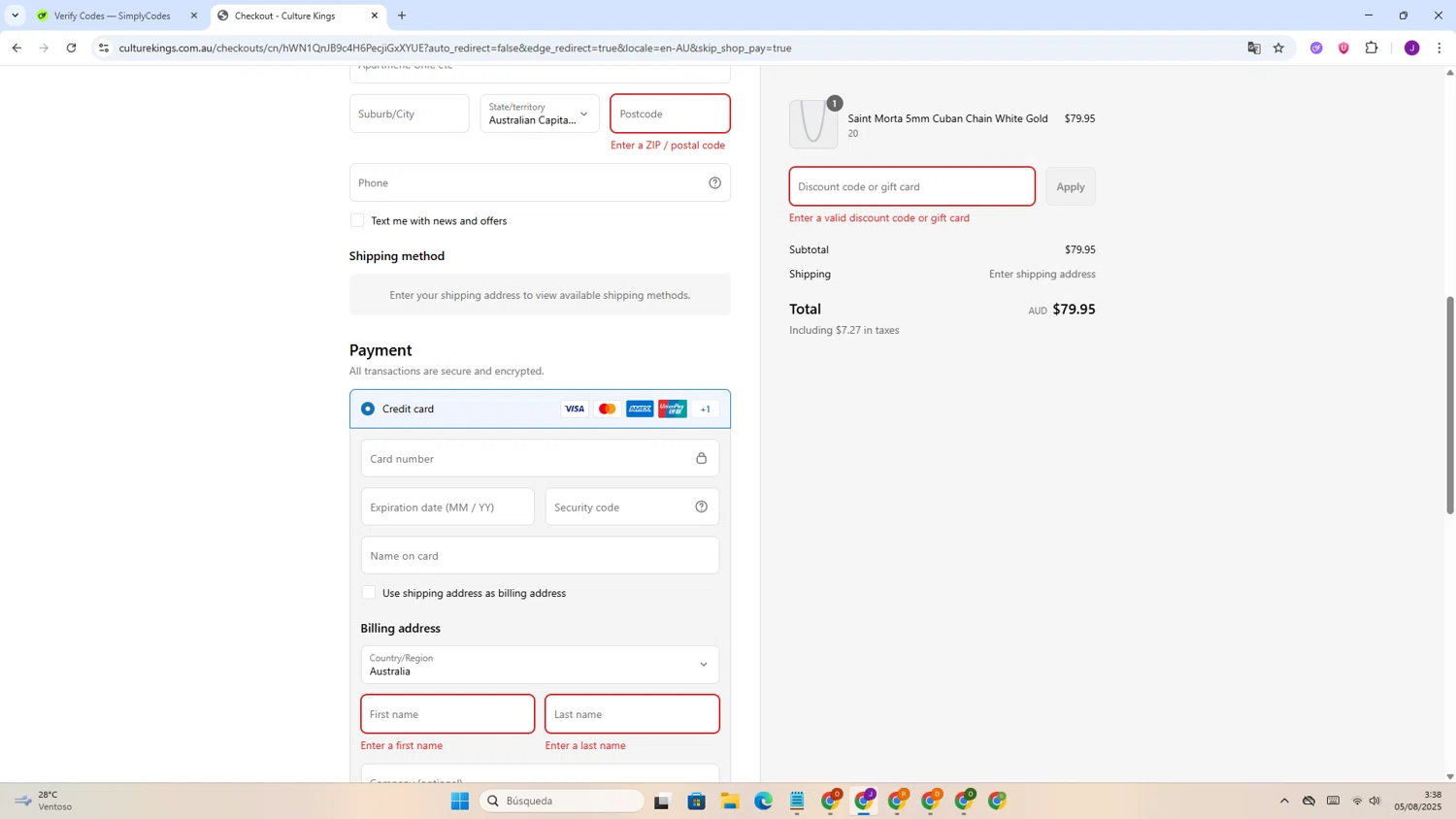 Culture Kings promo code screenshot showing code SAVE25 applied at Culture Kings checkout page. Uploaded by SimplyCodes community member PrimeMaestro723 on Aug 5, 2025
