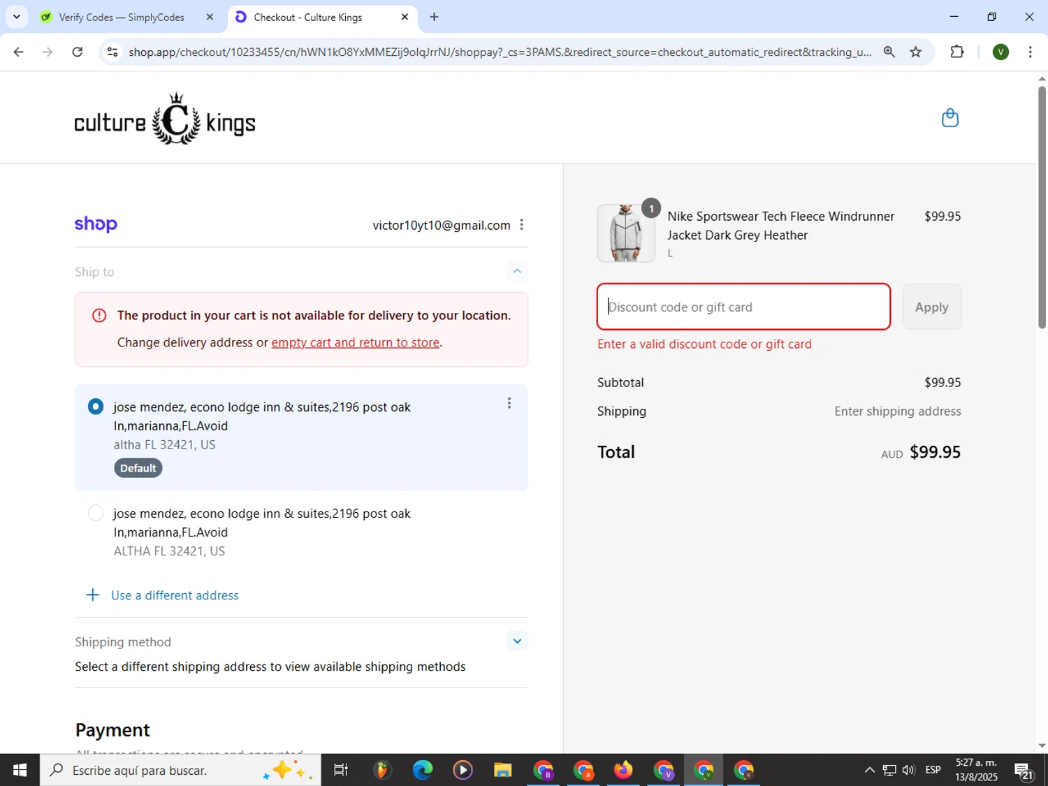 Culture Kings promo code screenshot showing code SAVE35 applied at Culture Kings checkout page. Uploaded by SimplyCodes community member PrimeWizard4168 on Aug 13, 2025