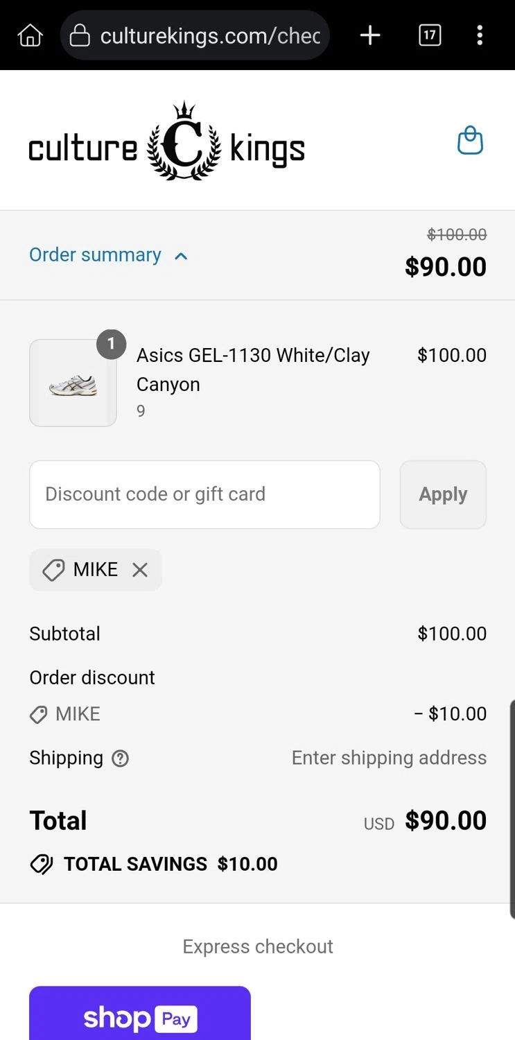 Culture Kings US promo code screenshot showing code mike applied at Culture Kings US checkout page. Uploaded by SimplyCodes community member Carloslvz on Jul 26, 2025