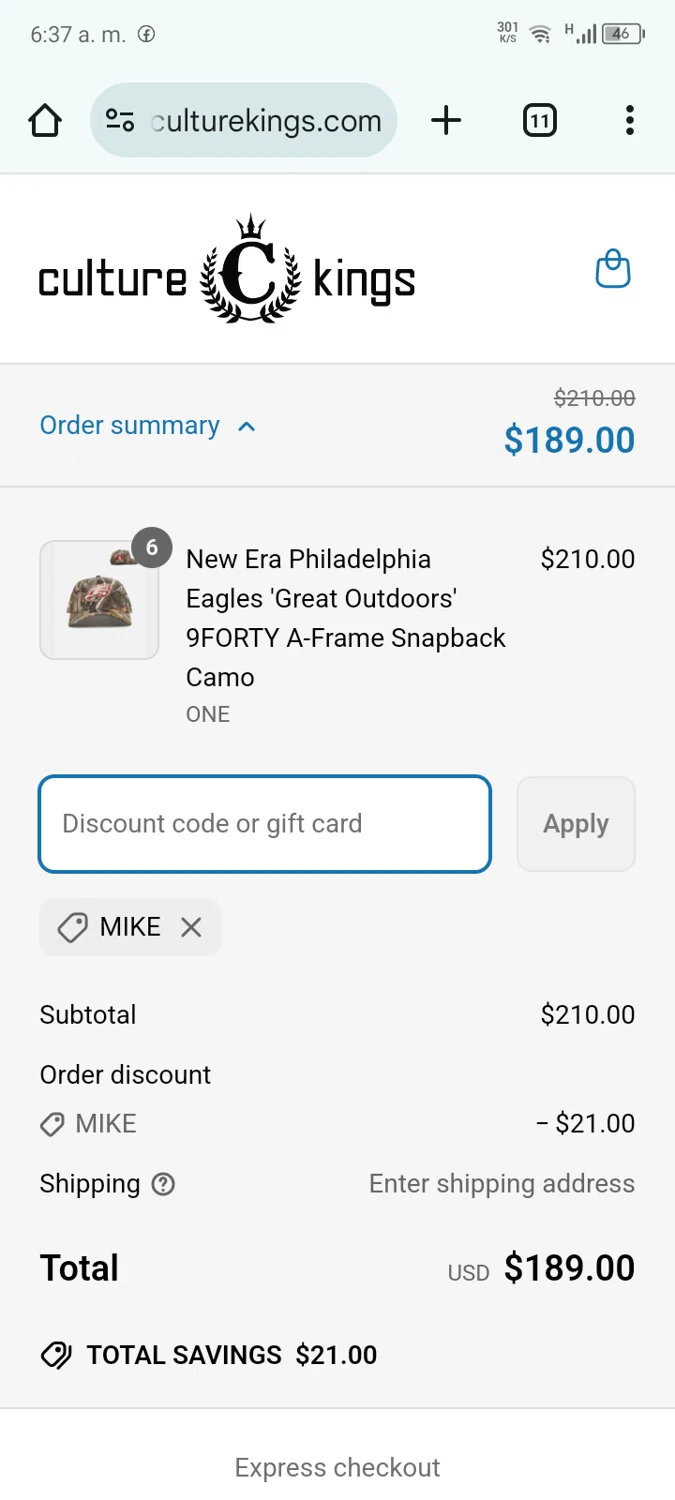 Culture Kings US promo code screenshot showing code mike applied at Culture Kings US checkout page. Uploaded by SimplyCodes community member ScanWarden9985 on Apr 17, 2025