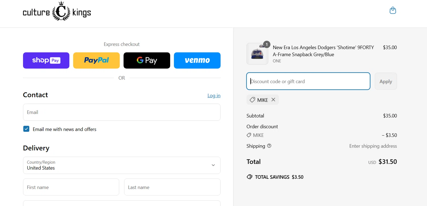 Culture Kings US promo code screenshot showing code mike applied at Culture Kings US checkout page. Uploaded by SimplyCodes community member lukeCallahannn on Apr 17, 2025