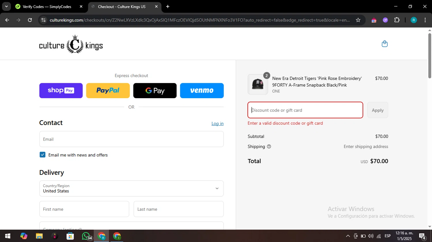 Culture Kings US promo code screenshot showing code KL10SMSFLOW applied at Culture Kings US checkout page. Uploaded by SimplyCodes community member CashWizard4502 on May 1, 2025