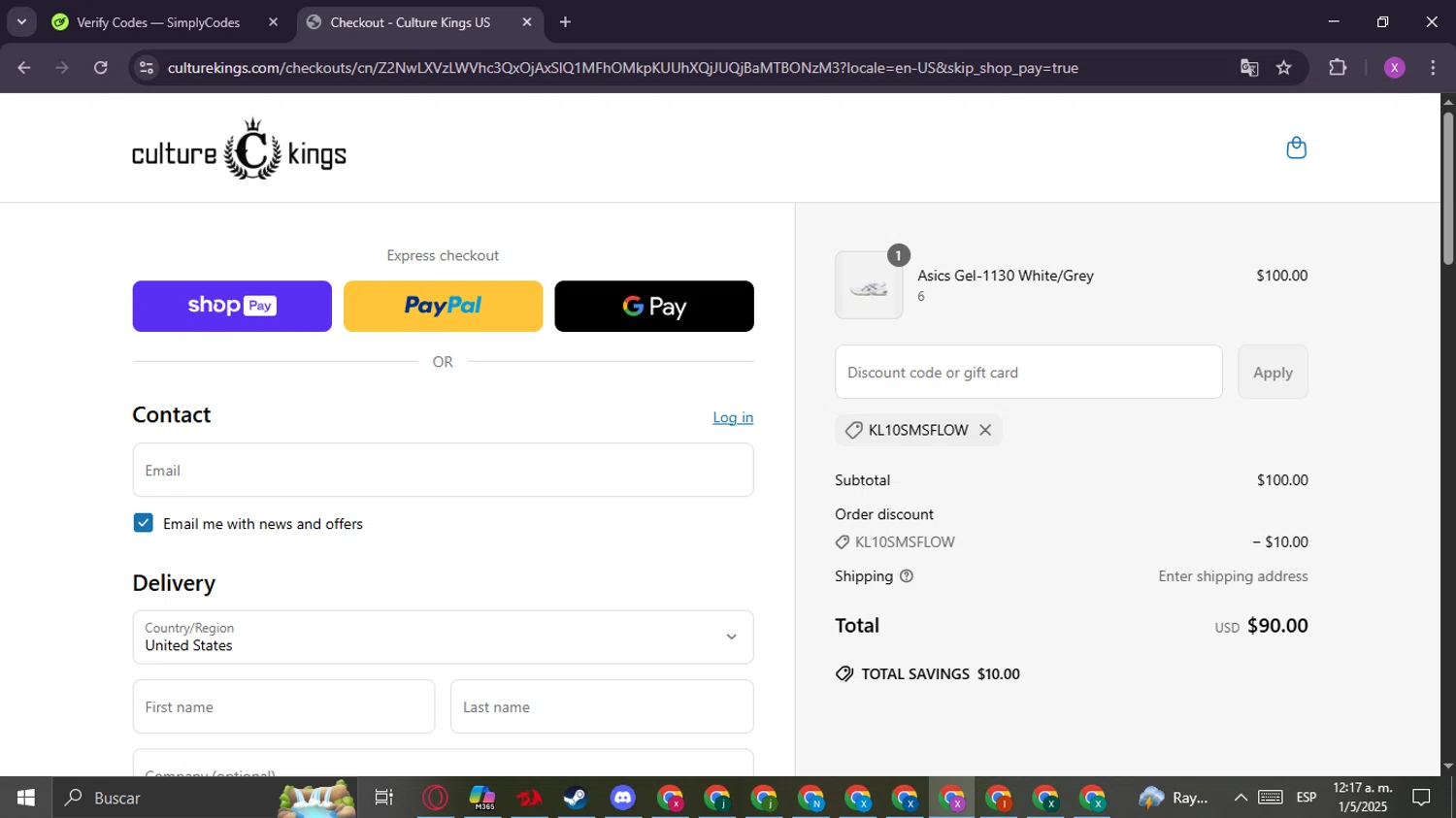 Culture Kings US promo code screenshot showing code KL10SMSFLOW applied at Culture Kings US checkout page. Uploaded by SimplyCodes community member CashChaser8387 on May 1, 2025