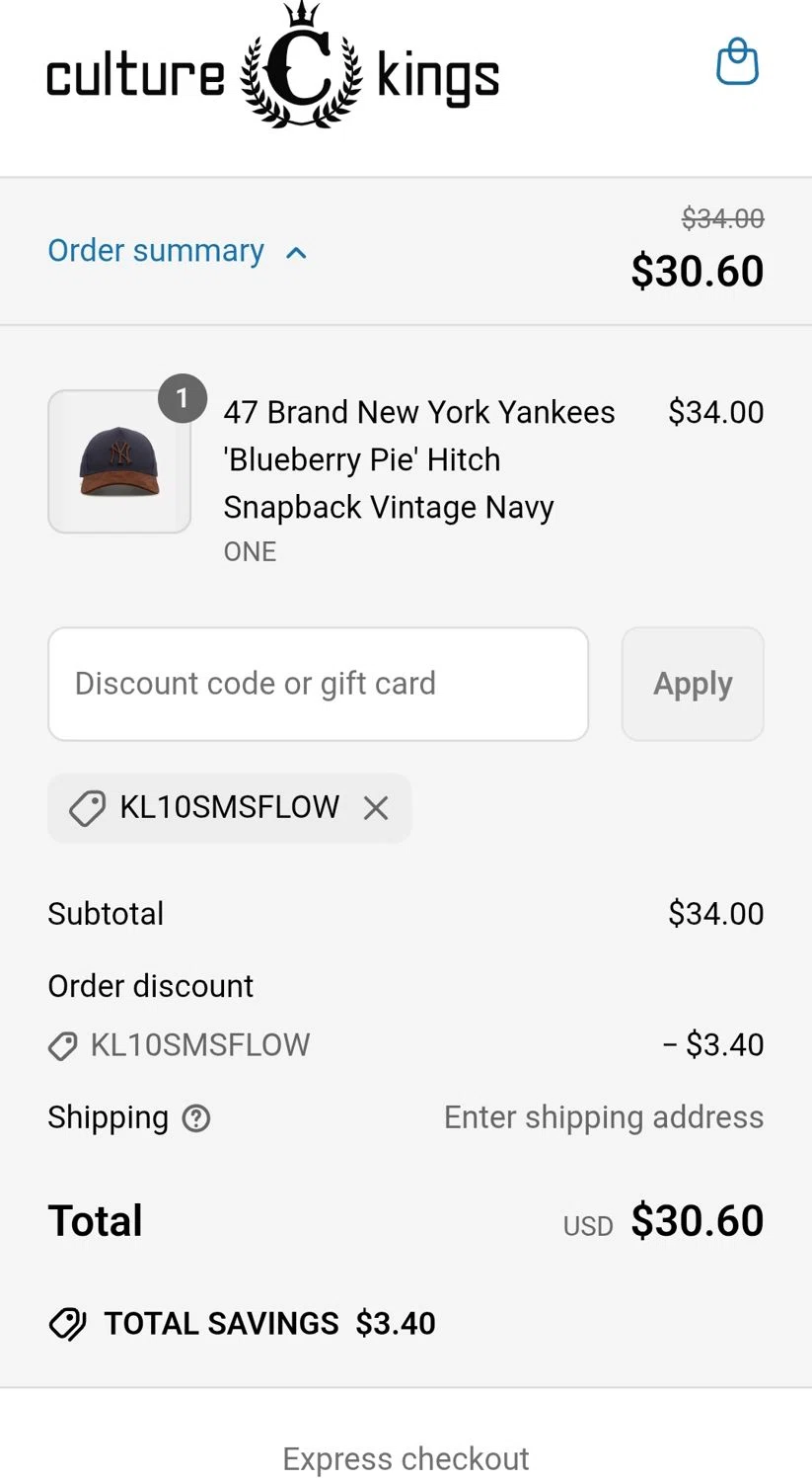 Culture Kings US promo code screenshot showing code KL10SMSFLOW applied at Culture Kings US checkout page. Uploaded by SimplyCodes community member luki1958 on Jun 14, 2025