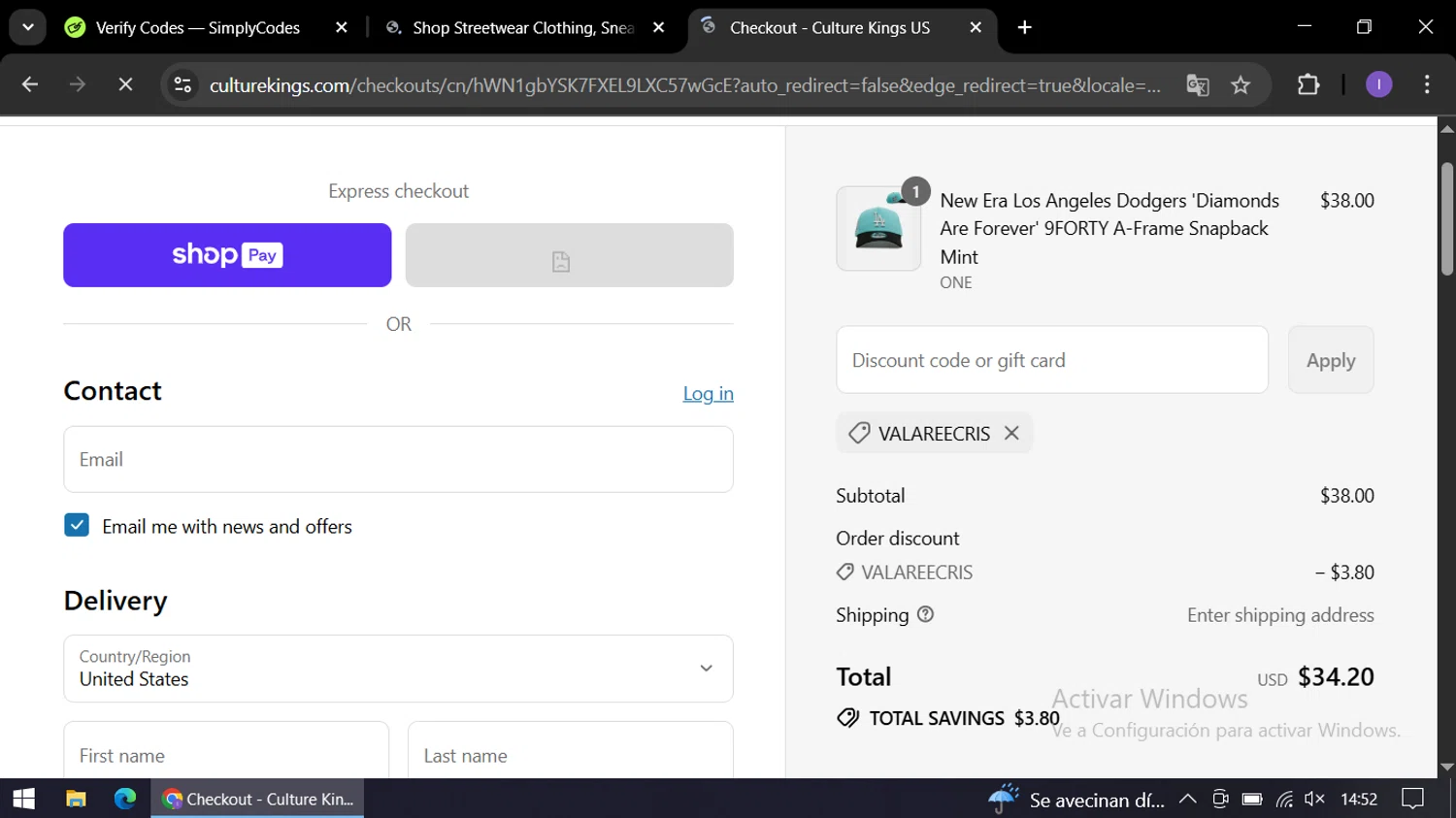 Culture Kings US promo code screenshot showing code VALAREECRIS applied at Culture Kings US checkout page. Uploaded by SimplyCodes community member AGP44456545 on Aug 11, 2025