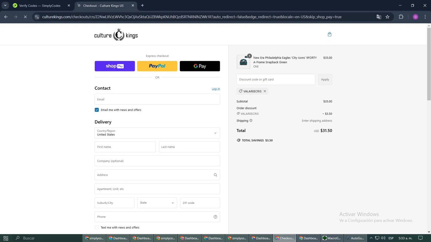 Culture Kings US promo code screenshot showing code VALAREECRIS applied at Culture Kings US checkout page. Uploaded by SimplyCodes community member FrugalFox6349 on Feb 13, 2025