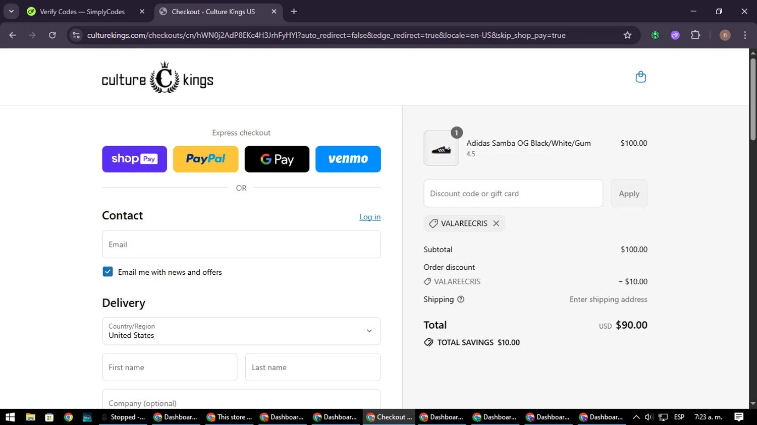 Culture Kings US promo code screenshot showing code VALAREECRIS applied at Culture Kings US checkout page. Uploaded by SimplyCodes community member SmartWarden8713 on Jul 17, 2025