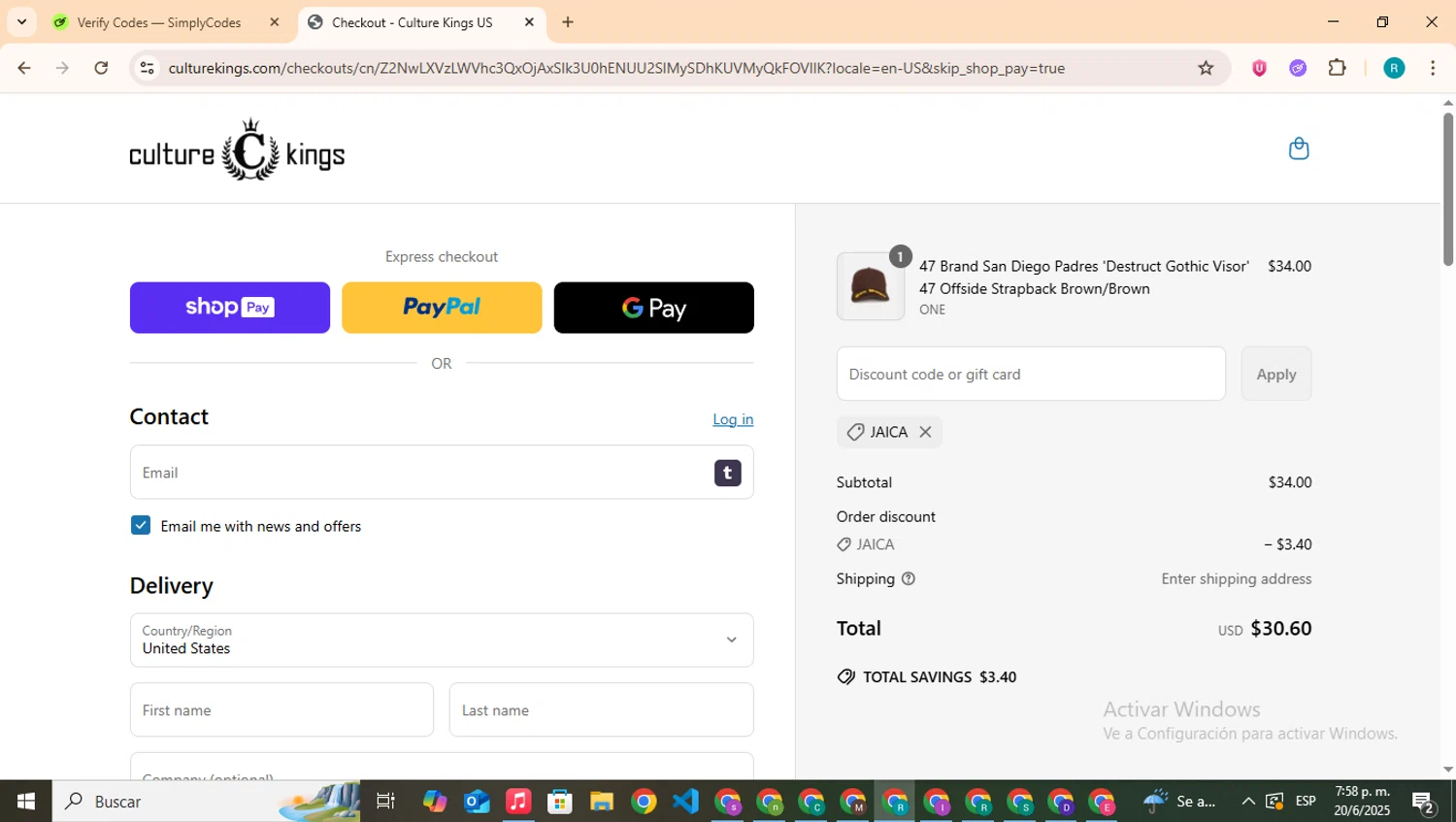 Culture Kings US promo code screenshot showing code JAICA applied at Culture Kings US checkout page. Uploaded by SimplyCodes community member BudgetHero4407 on Jun 20, 2025