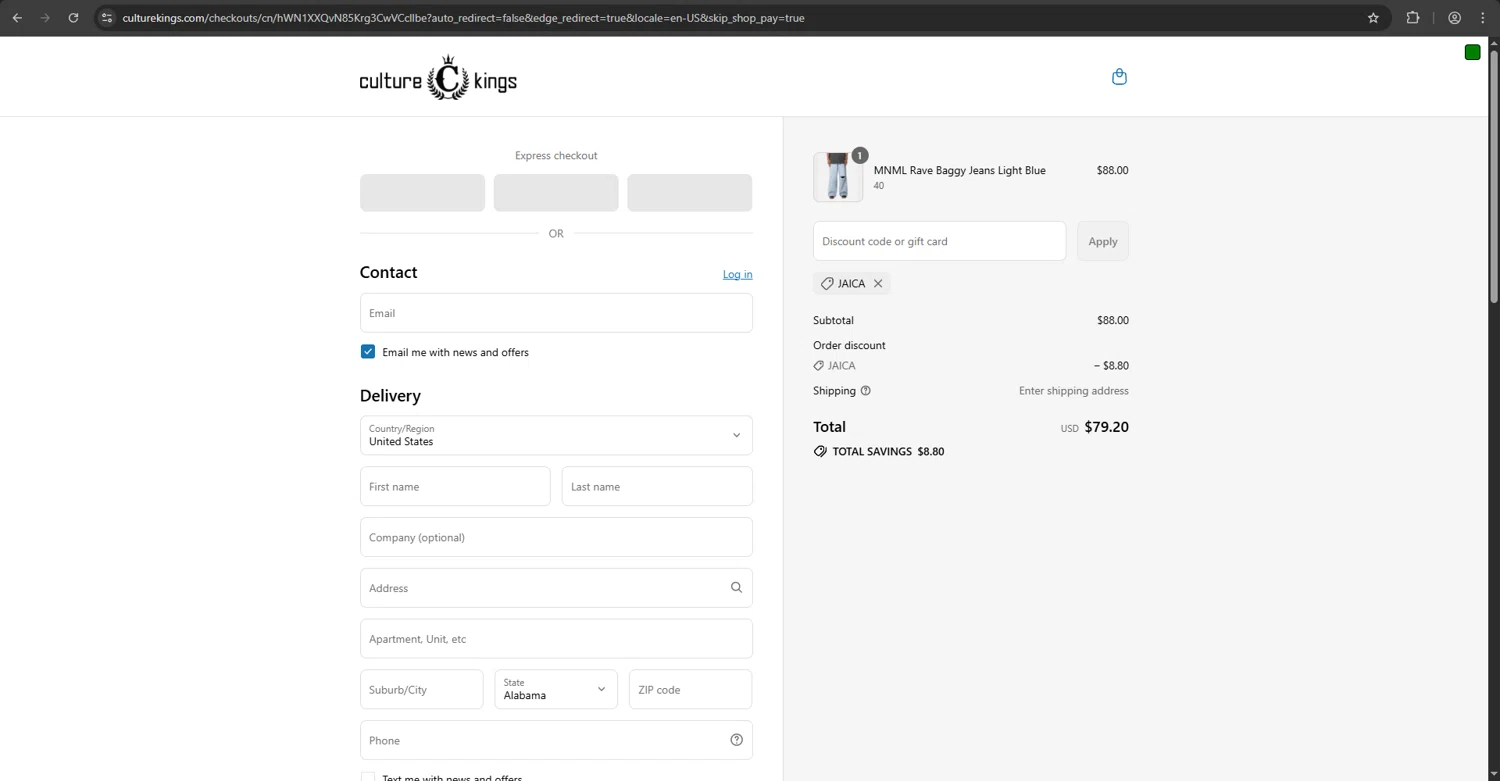 Culture Kings US promo code screenshot showing code JAICA applied at Culture Kings US checkout page. Uploaded by SimplyCodes community member luffyflaco on Aug 7, 2025