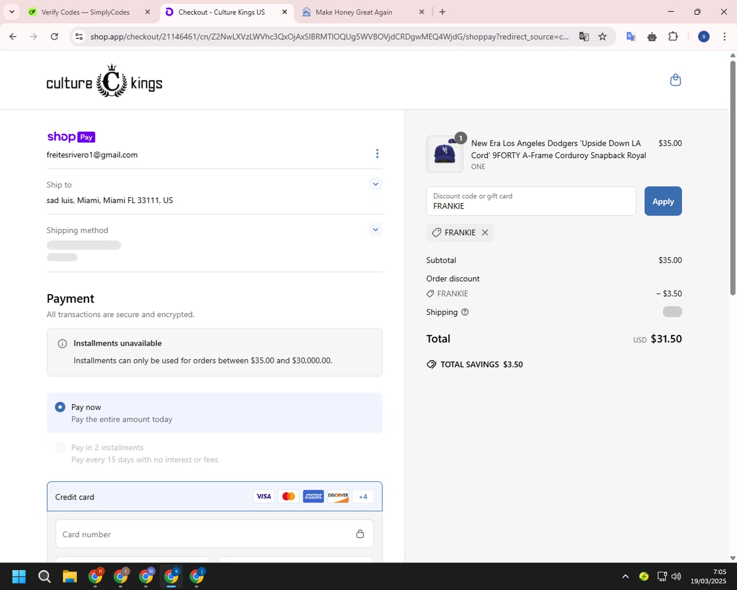 Culture Kings US promo code screenshot showing code FRANKIE applied at Culture Kings US checkout page. Uploaded by SimplyCodes community member ExtraordinarySleuth4345 on Mar 19, 2025
