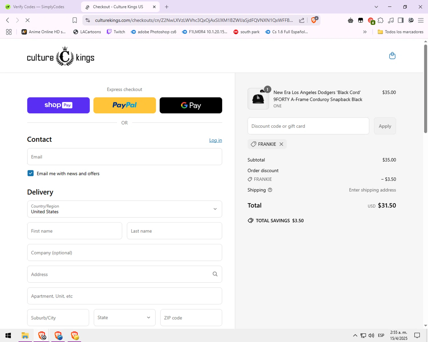 Culture Kings US promo code screenshot showing code FRANKIE applied at Culture Kings US checkout page. Uploaded by SimplyCodes community member explorerr_exe on Apr 15, 2025