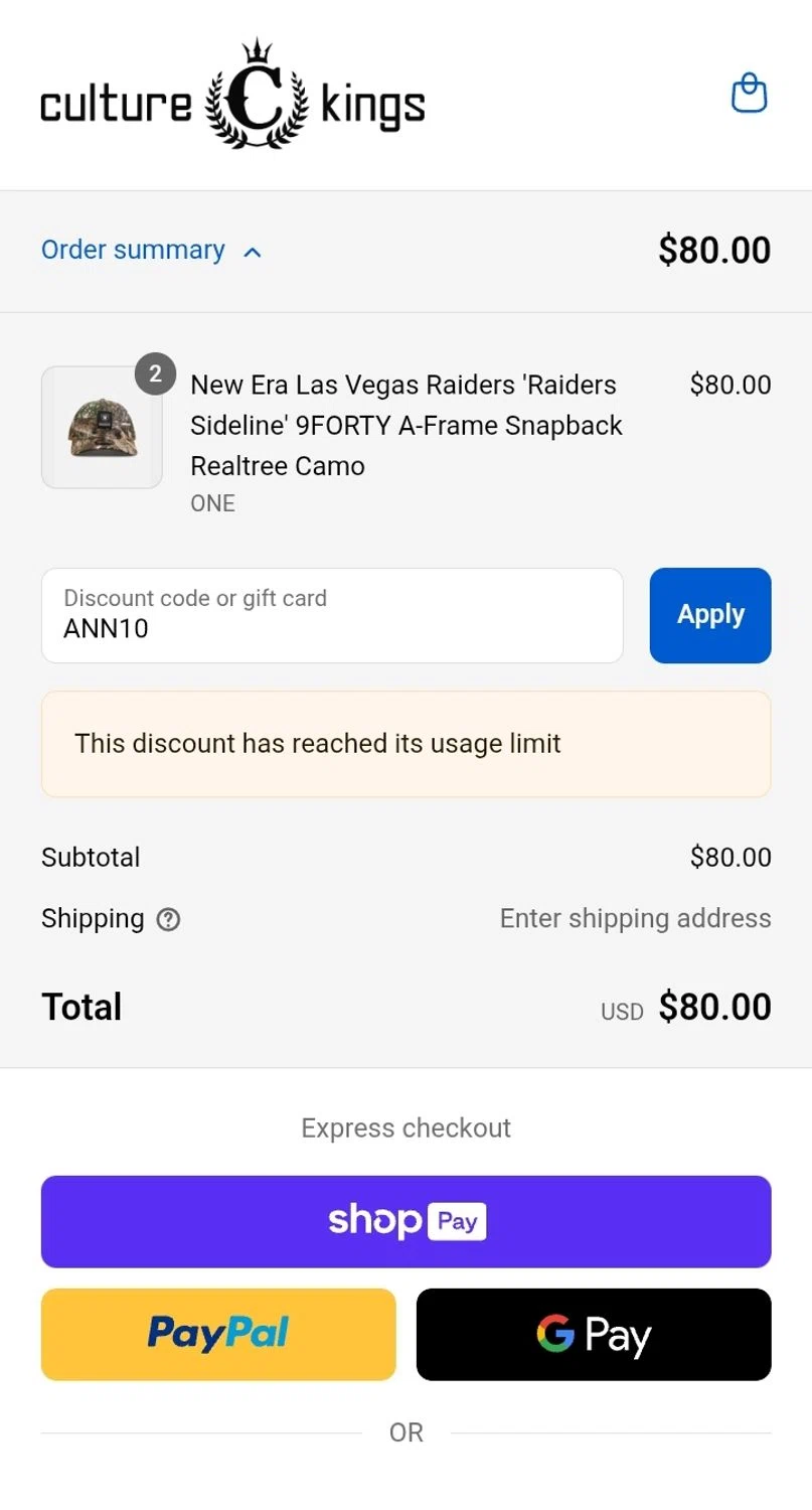 Culture Kings US promo code screenshot showing code ANN10 applied at Culture Kings US checkout page. Uploaded by SimplyCodes community member Ricacocaina on Aug 24, 2025