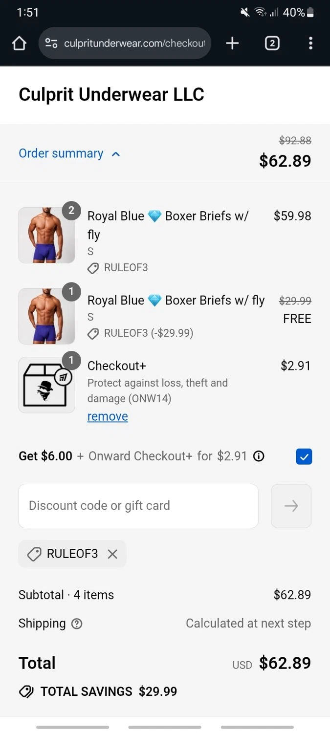 Culprit Underwear discount code screenshot showing code RULEOF3 applied at Culprit Underwear checkout page. Uploaded by SimplyCodes community member Ric_alfon on Aug 27, 2025