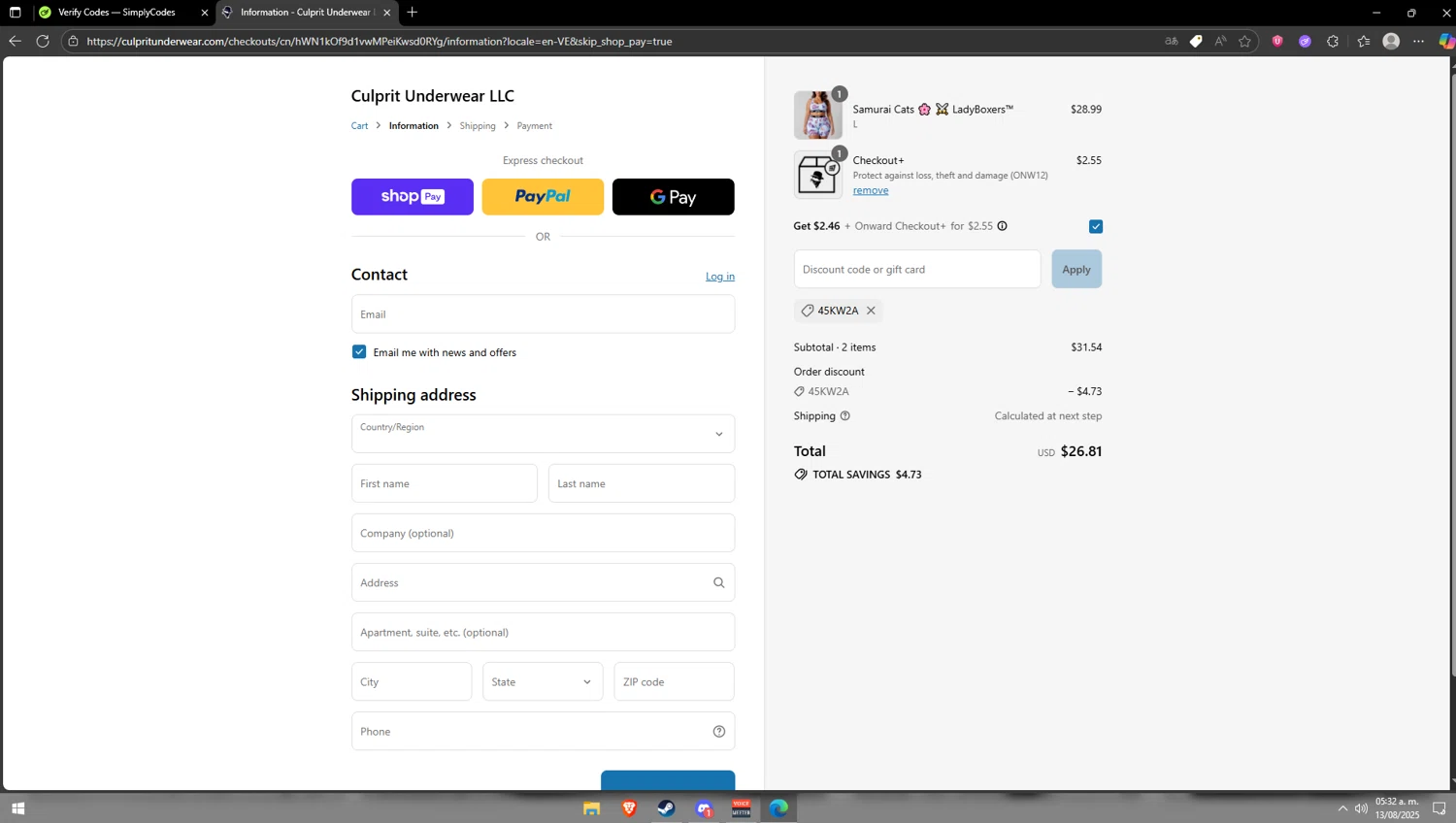 Culprit Underwear discount code screenshot showing code 45KW2A applied at Culprit Underwear checkout page. Uploaded by SimplyCodes community member Vipera on Aug 13, 2025