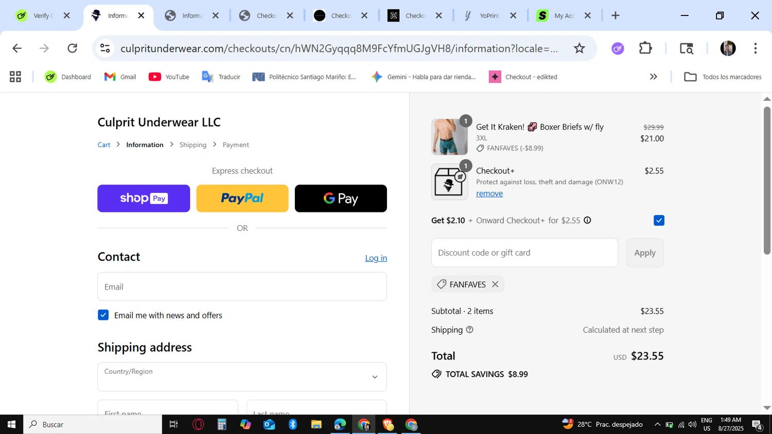 Culprit Underwear discount code screenshot showing code FANFAVES applied at Culprit Underwear checkout page. Uploaded by SimplyCodes community member KataldoMustafack on Aug 27, 2025