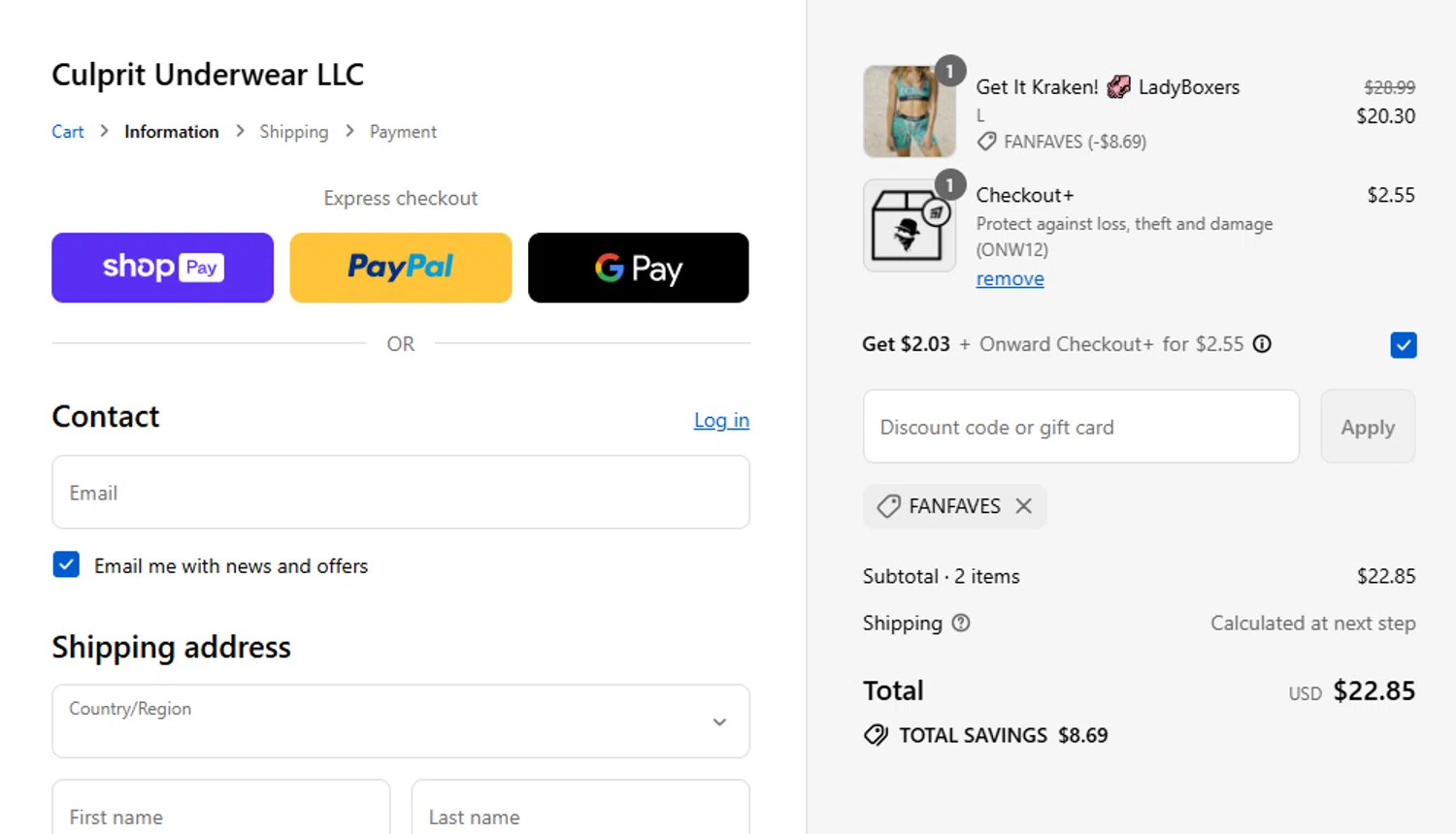 Culprit Underwear discount code screenshot showing code FANFAVES applied at Culprit Underwear checkout page. Uploaded by SimplyCodes community member delvisgomez on Aug 23, 2025