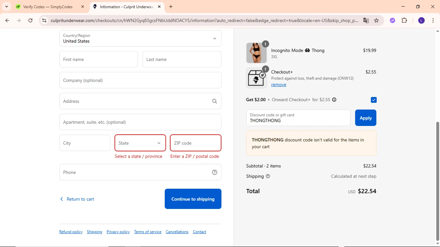Culprit Underwear discount code screenshot showing code THONGTHONG applied at Culprit Underwear checkout page. Uploaded by SimplyCodes community member EpicWarden3081 on Aug 27, 2025