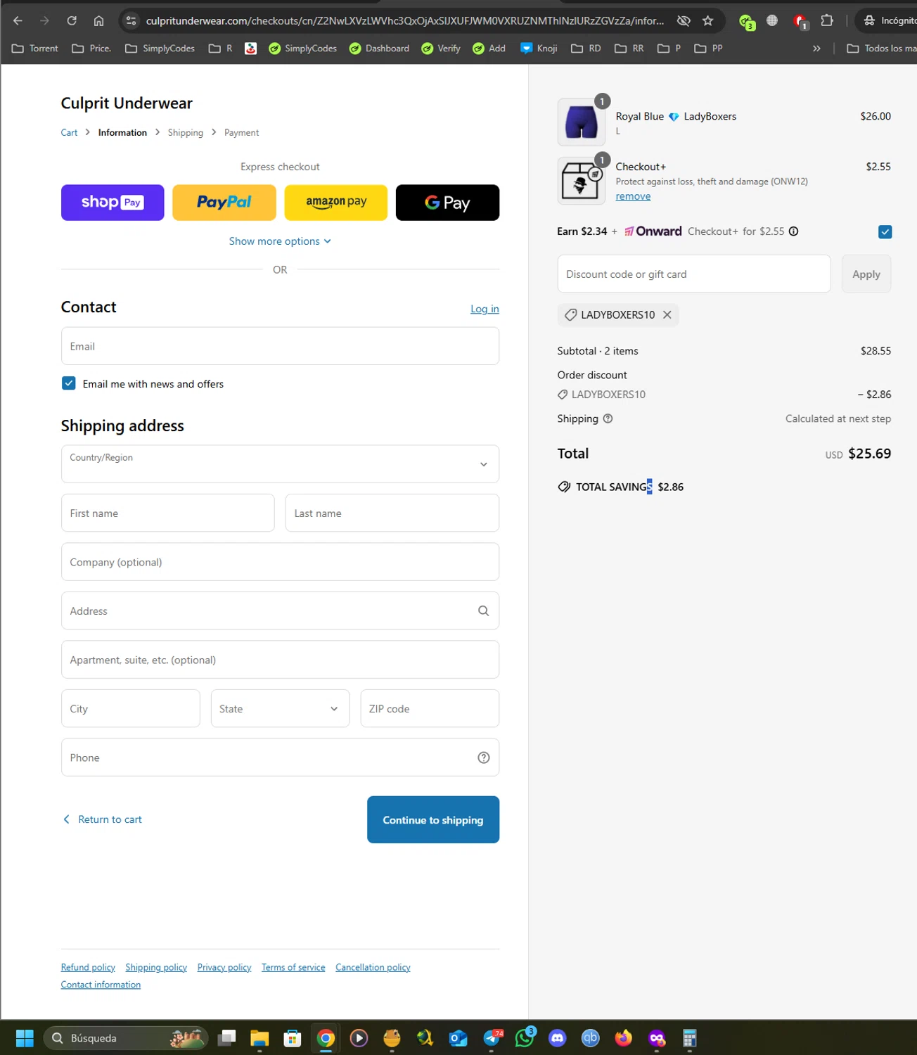 Culprit Underwear discount code screenshot showing code LADYBOXERS10 applied at Culprit Underwear checkout page. Uploaded by SimplyCodes community member UnkNownVnzla on Apr 15, 2025