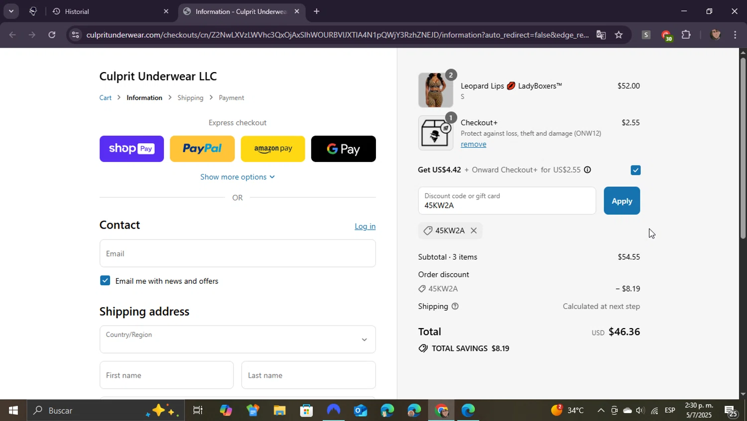 Culprit Underwear discount code screenshot showing code 45KW2A applied at Culprit Underwear checkout page. Uploaded by SimplyCodes community member WonderKnight7884 on Jul 5, 2025