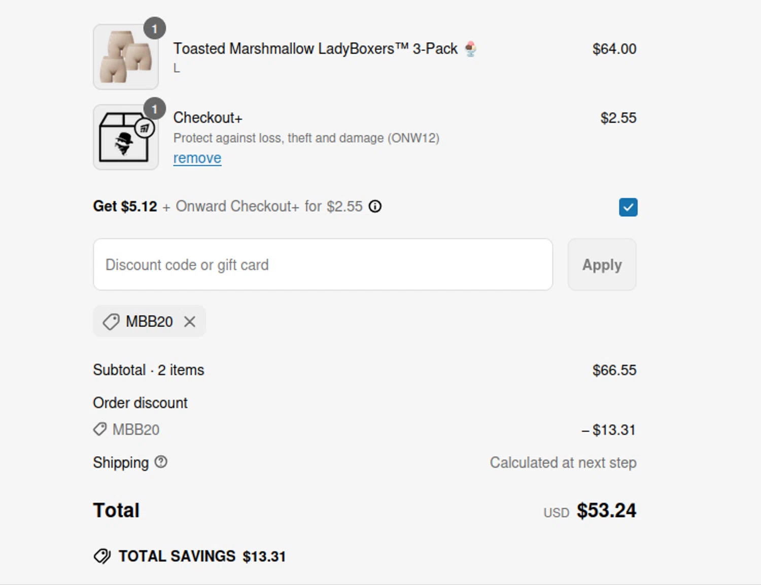 Culprit Underwear discount code screenshot showing code MBB20 applied at Culprit Underwear checkout page. Uploaded by SimplyCodes community member jadapev on Jun 18, 2025
