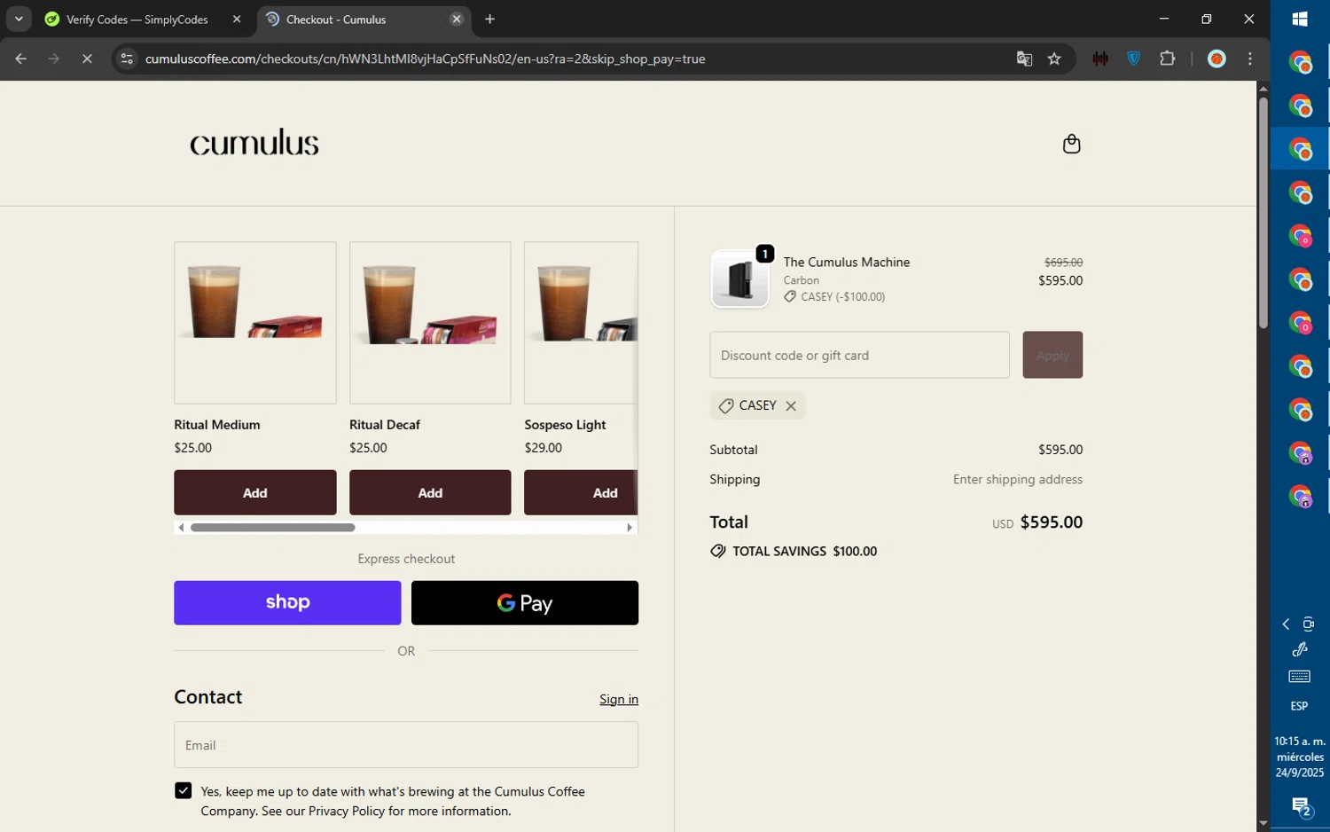 Cumulus Coffee discount code screenshot showing code CASEY applied at Cumulus Coffee checkout page. Uploaded by SimplyCodes community member ValiantWarden8956 on Sep 24, 2025