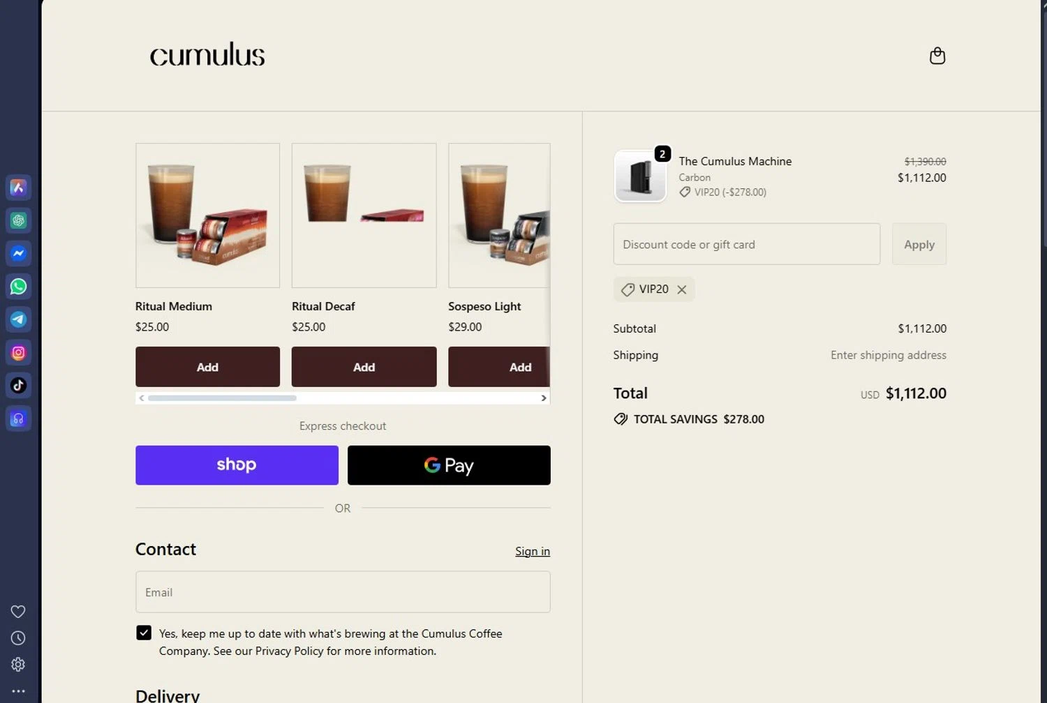 Cumulus Coffee discount code screenshot showing code VIP20 applied at Cumulus Coffee checkout page. Uploaded by SimplyCodes community member andrescarreraborges on Sep 24, 2025