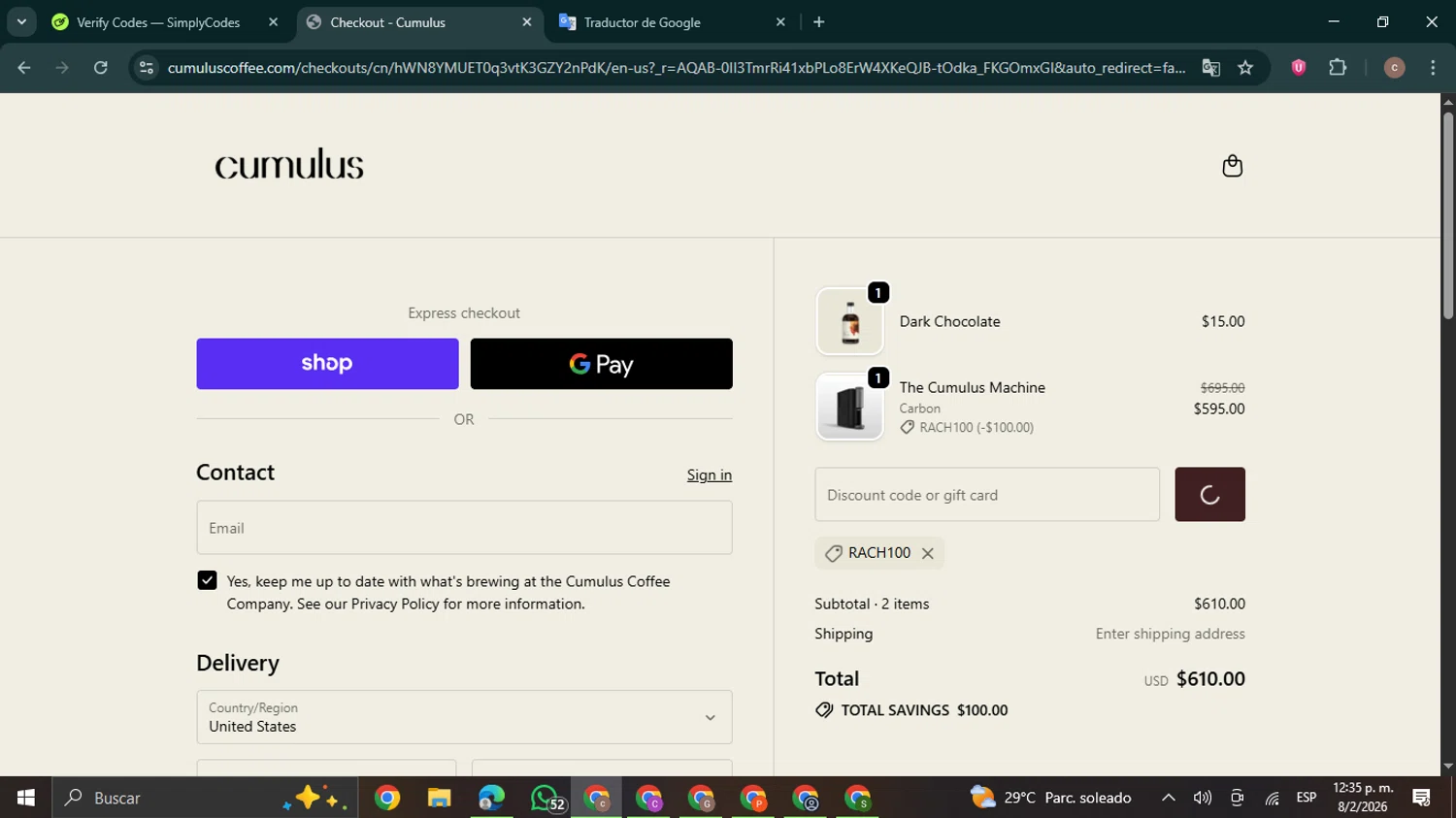 Cumulus Coffee discount code screenshot showing code Rach100 applied at Cumulus Coffee checkout page. Uploaded by SimplyCodes community member NobleExpert6497 on Feb 8, 2026