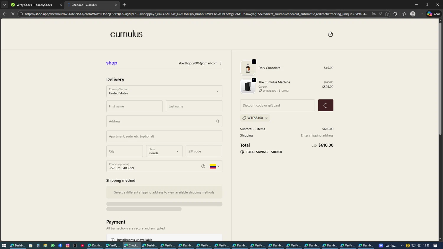 Cumulus Coffee discount code screenshot showing code WTFAB100 applied at Cumulus Coffee checkout page. Uploaded by SimplyCodes community member SAKURA on Feb 8, 2026