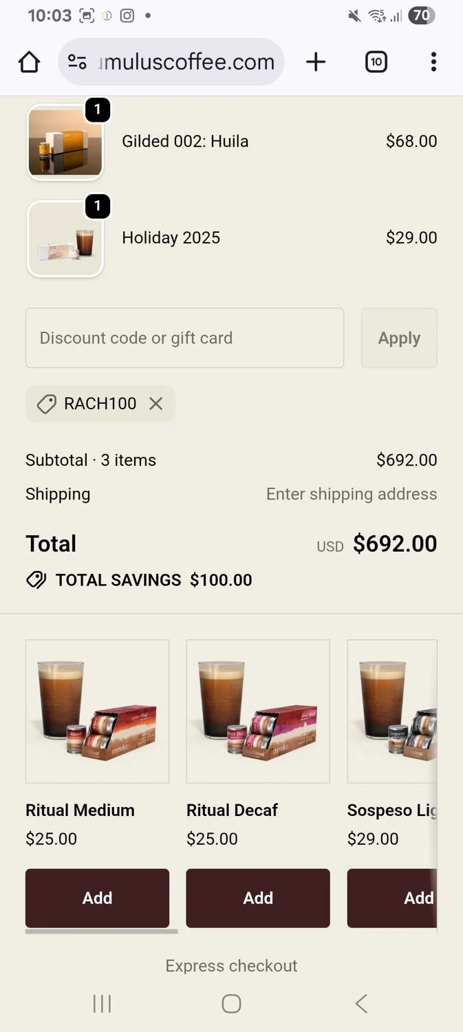 Cumulus Coffee discount code screenshot showing code Rach100 applied at Cumulus Coffee checkout page. Uploaded by SimplyCodes community member KarinaHZ on Dec 12, 2025