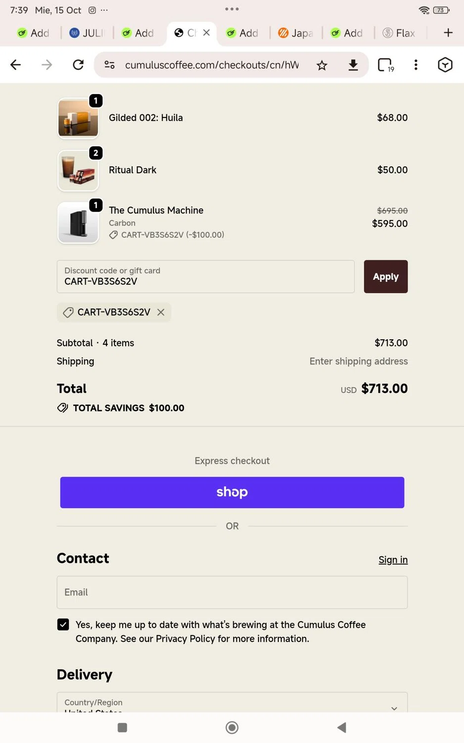 Cumulus Coffee discount code screenshot showing code CART-VB3S6S2V applied at Cumulus Coffee checkout page. Uploaded by SimplyCodes community member KarinaHZ on Oct 15, 2025