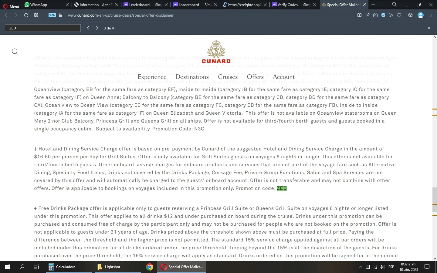Cunard Line checkout page showing Cunard Line promo code box | Screenshot taken by SimplyCodes community member on Apr 10, 2023