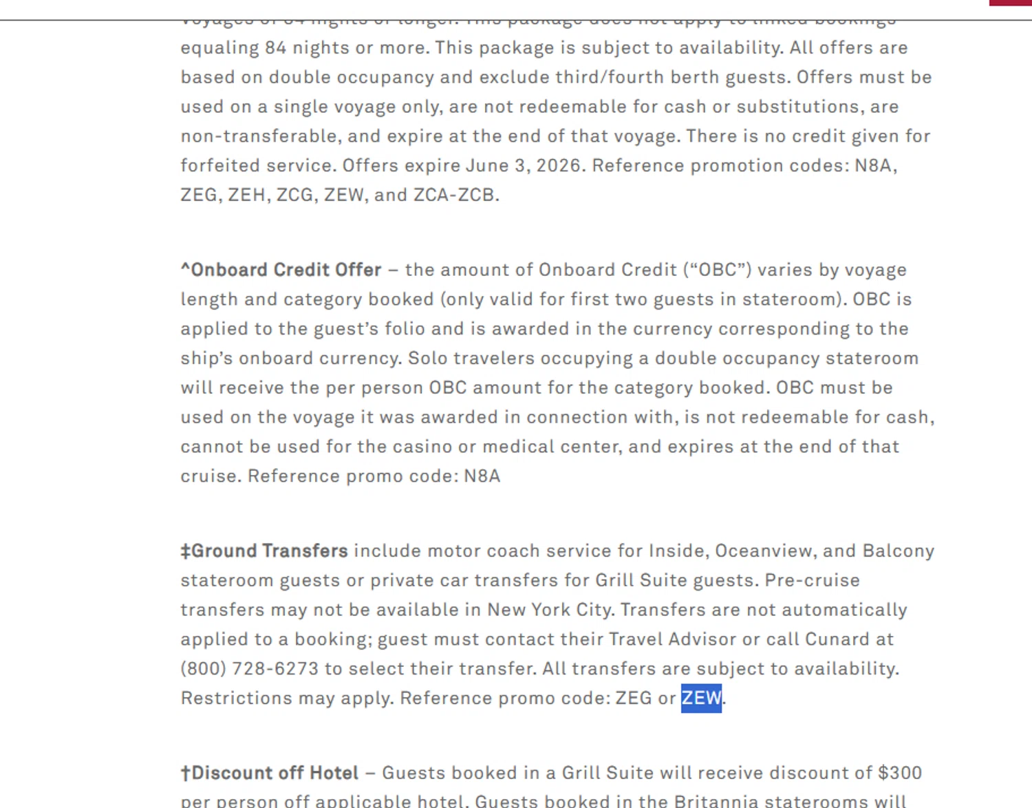 Cunard Line promo code screenshot showing code ZEW applied at Cunard Line checkout page. Uploaded by SimplyCodes community member Dejadepicharme on Nov 23, 2025