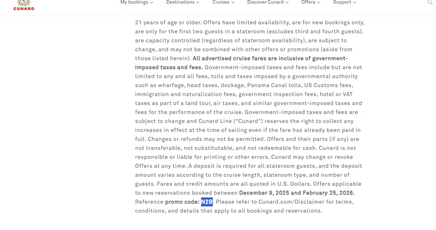 Cunard Line promo code screenshot showing code N2B applied at Cunard Line checkout page. Uploaded by SimplyCodes community member Dejadepicharme on Feb 9, 2026