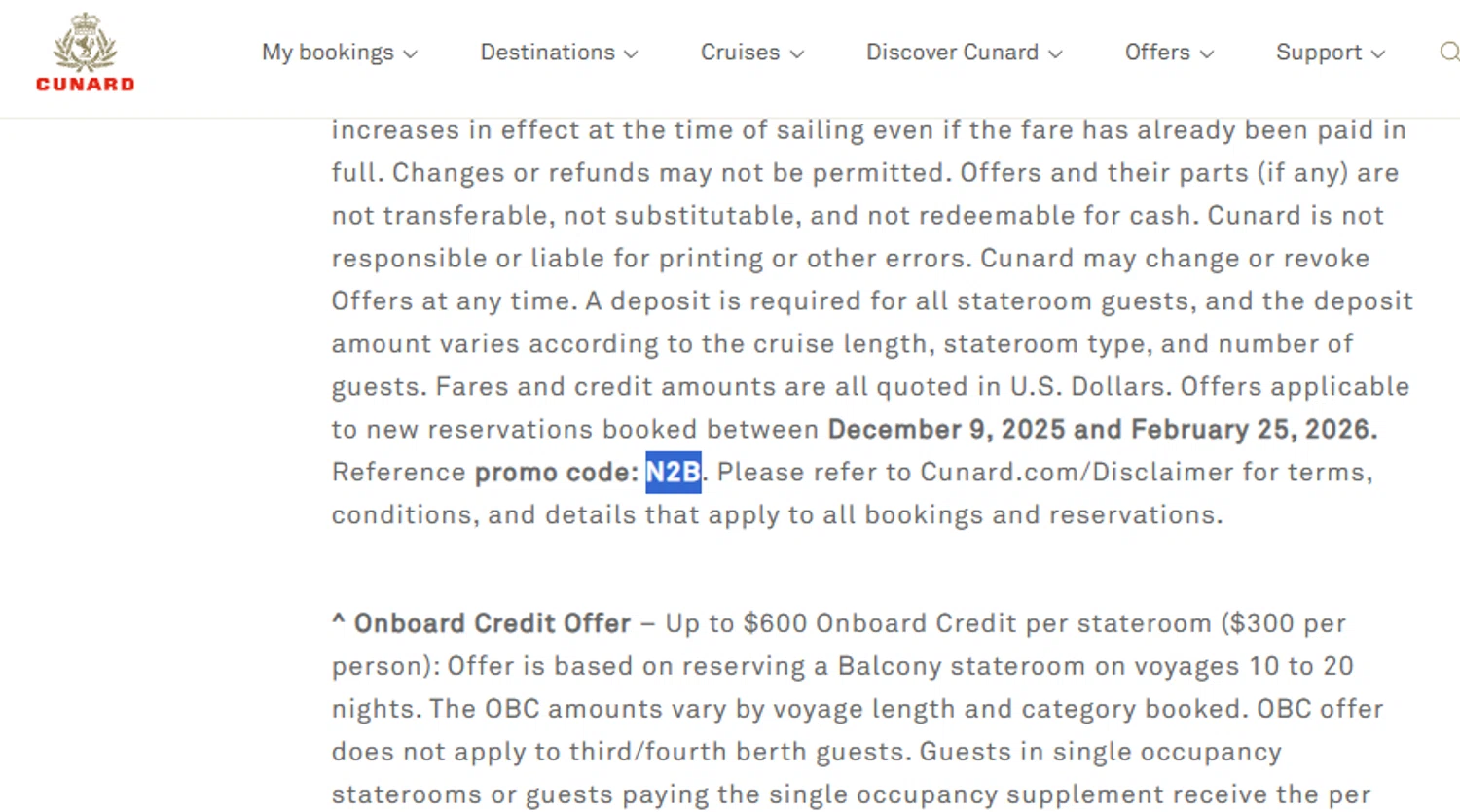 Cunard Line promo code screenshot showing code N2B applied at Cunard Line checkout page. Uploaded by SimplyCodes community member Dejadepicharme on Jan 8, 2026