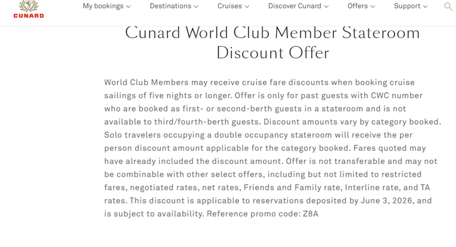 Cunard Line promo code screenshot showing code Z8A applied at Cunard Line checkout page. Uploaded by SimplyCodes community member Dejadepicharme on Jan 8, 2026