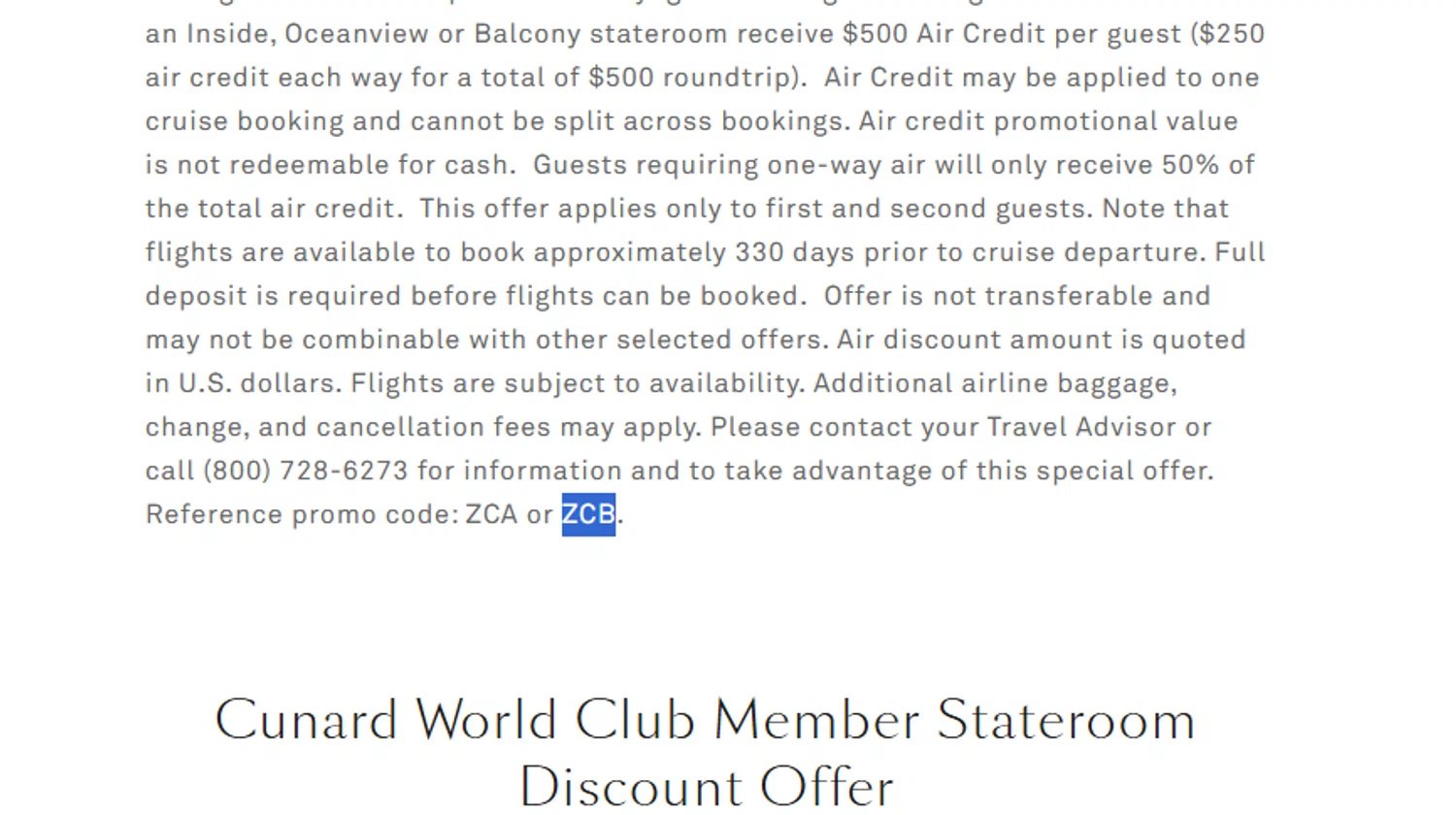 Cunard Line promo code screenshot showing code ZCB applied at Cunard Line checkout page. Uploaded by SimplyCodes community member Dejadepicharme on Jan 10, 2026