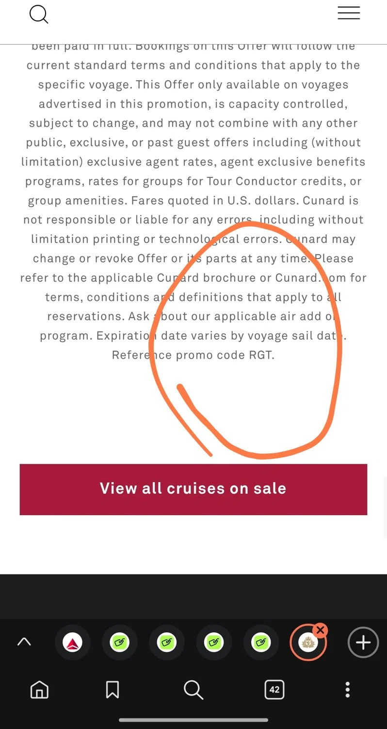 Cunard Line promo code screenshot showing code RGT applied at Cunard Line checkout page. Uploaded by SimplyCodes community member Dejadepicharme on Aug 8, 2025