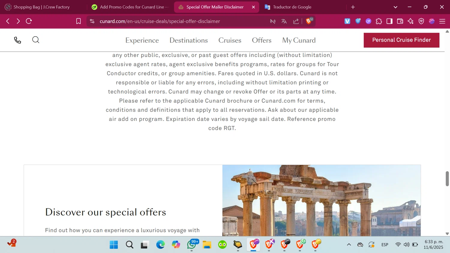 Cunard Line promo code screenshot showing code RGT applied at Cunard Line checkout page. Uploaded by SimplyCodes community member ShrewdMonarch4436 on Jun 11, 2025